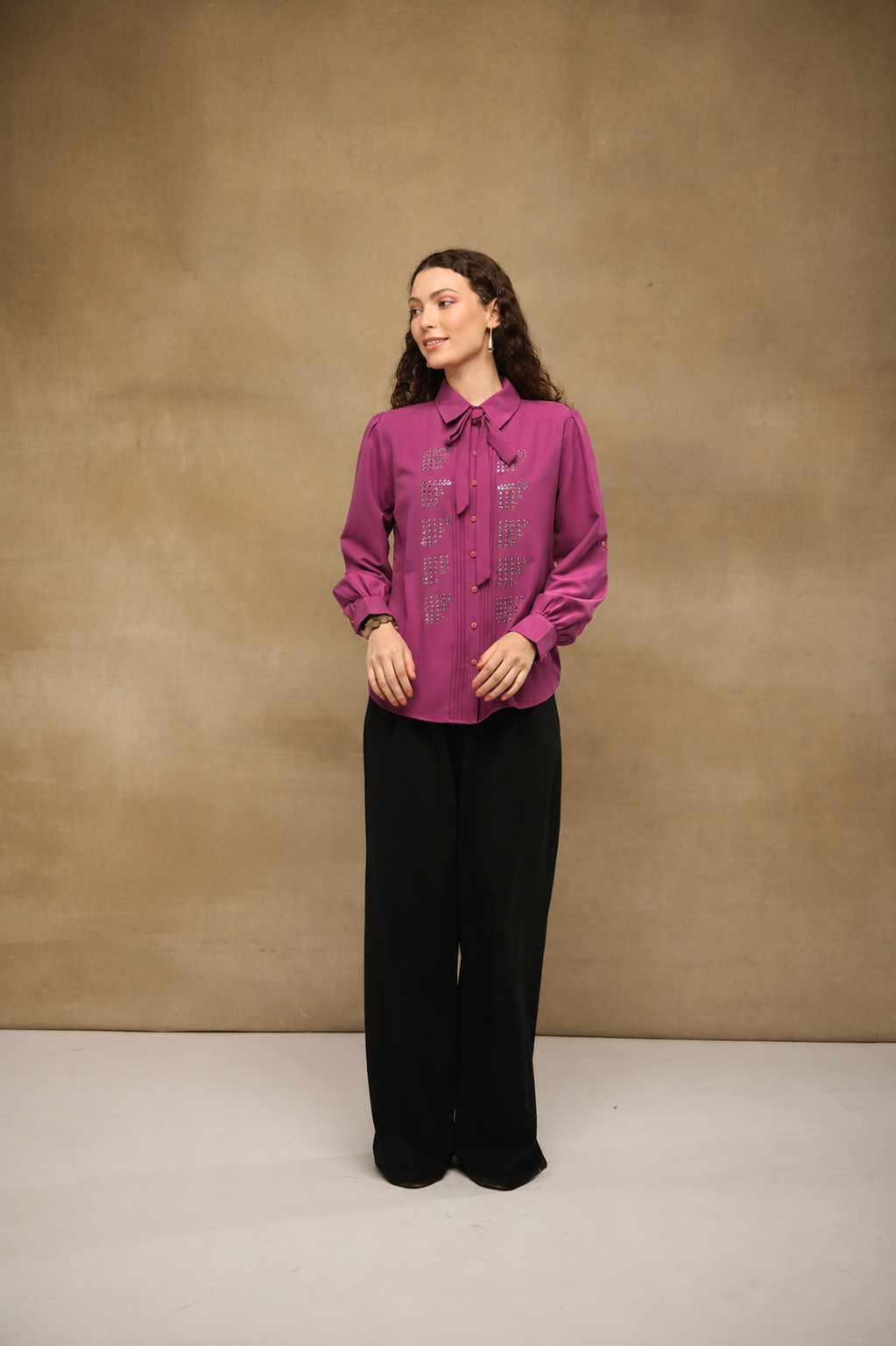 Magenta Linear Crystal Tie-up Shirt
