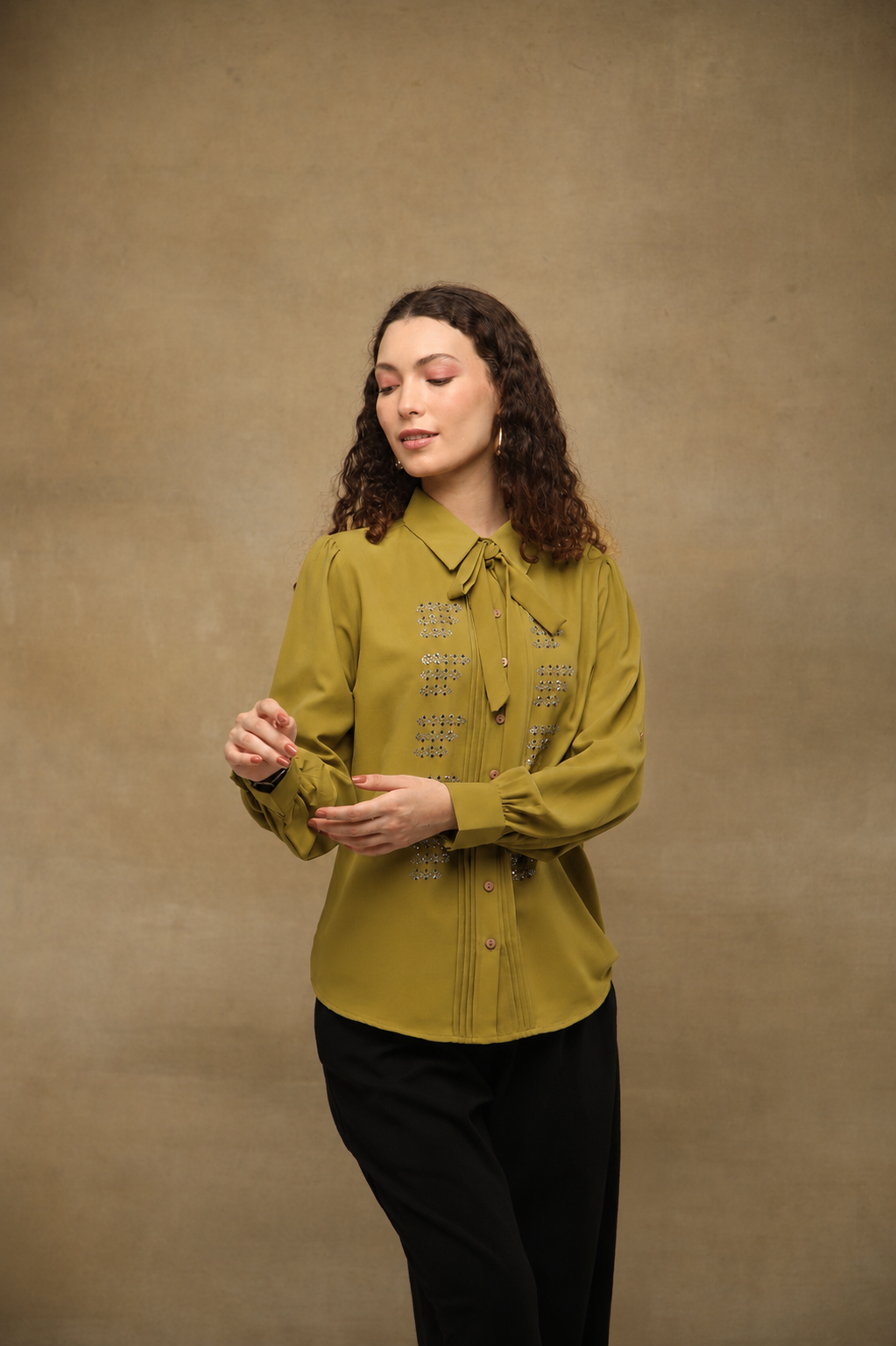 Warm taupe Linear Crystal Tie-up Shirt