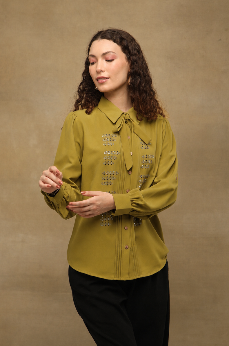 Warm taupe Linear Crystal Tie-up Shirt