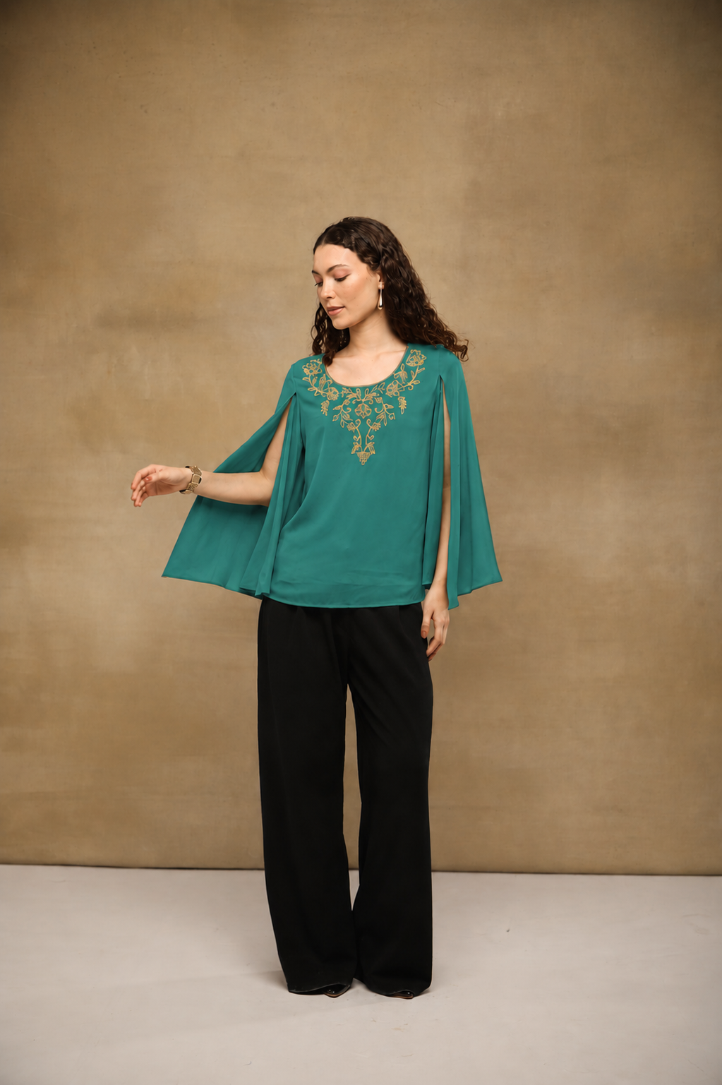 Green Drape Embroidered Top