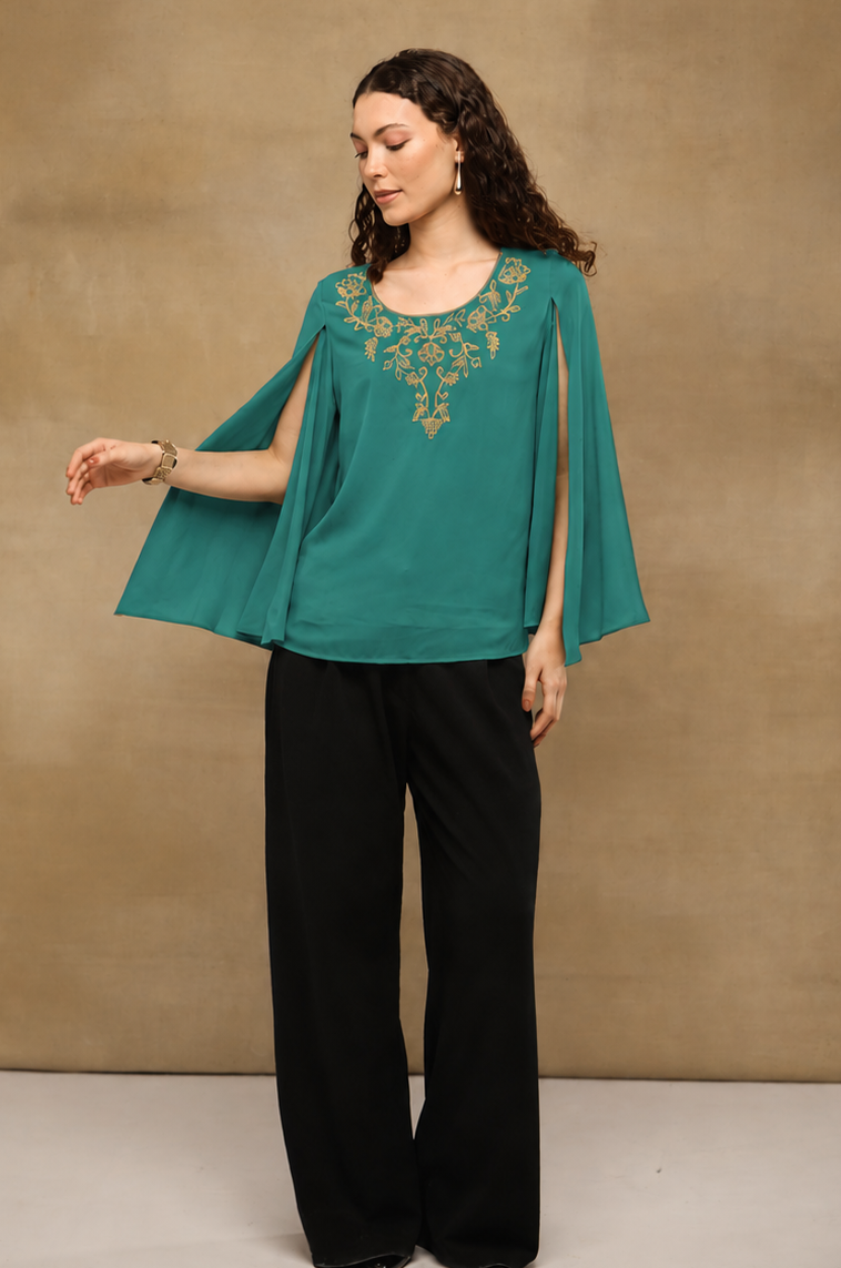 Green Drape Embroidered Top