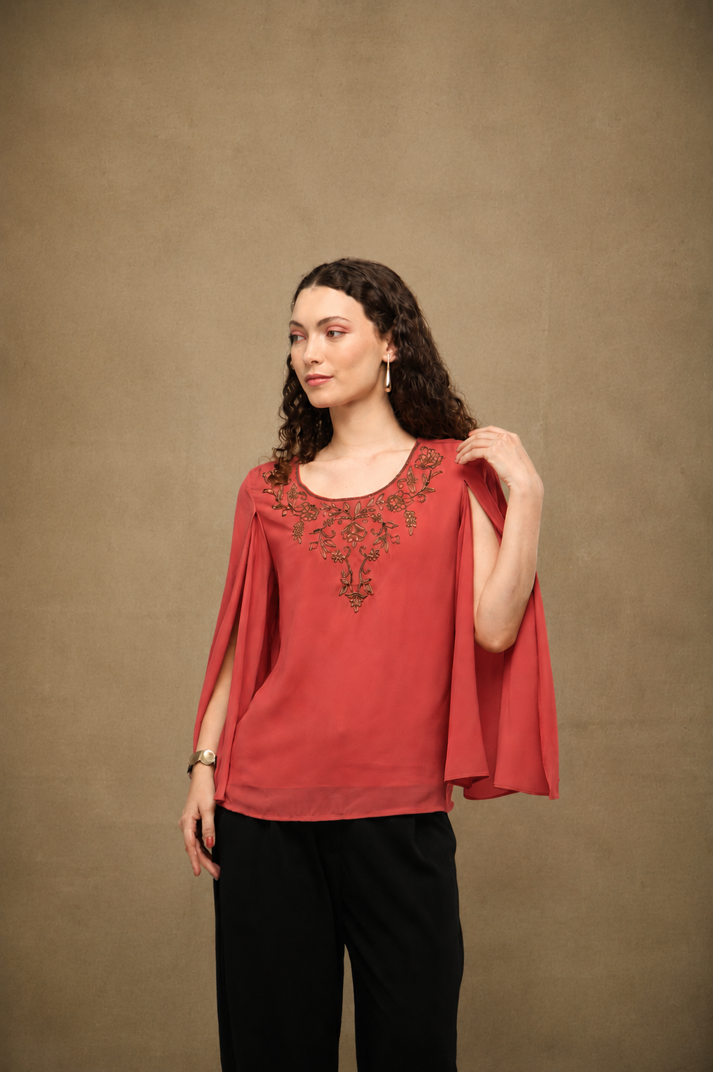 Red Drape Embroidered Top