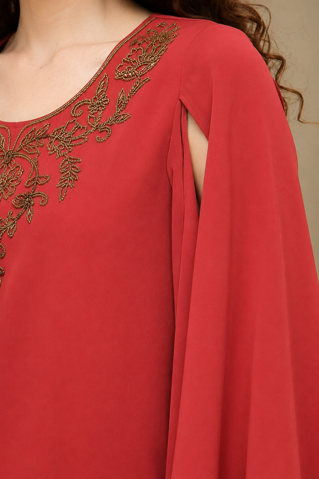 Red Drape Embroidered Top