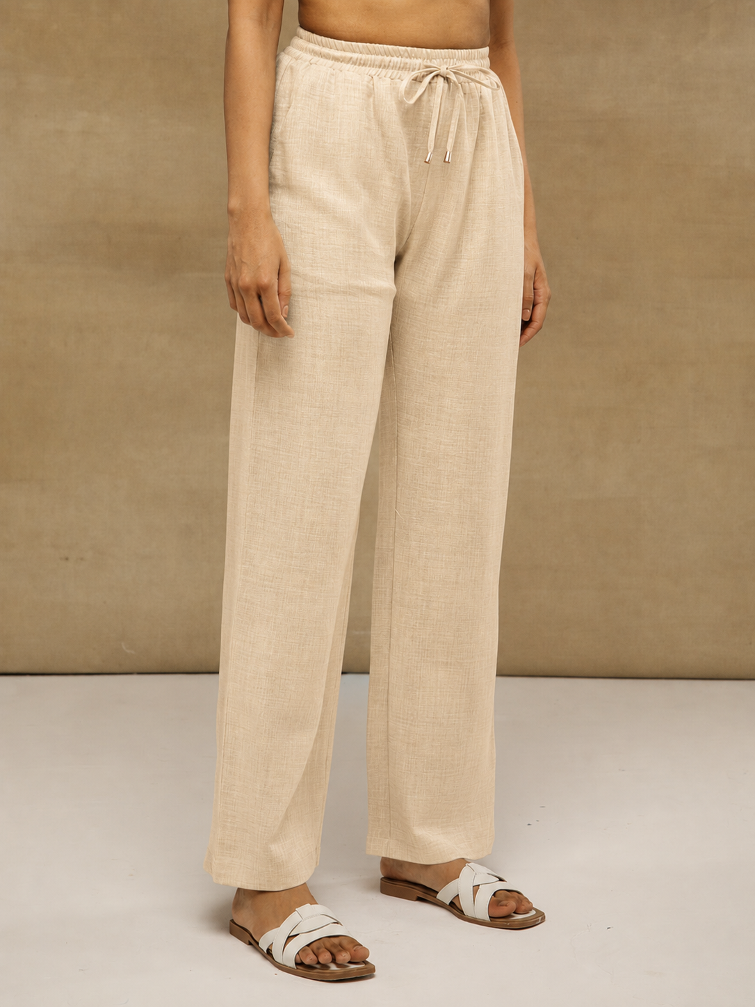Beige Drawstring Melange Linen Pants