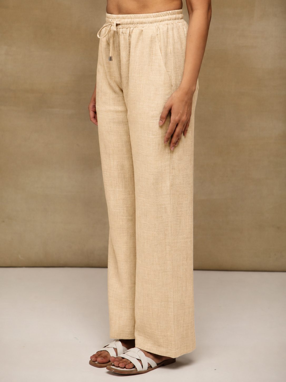 Beige Drawstring Melange Linen Pants