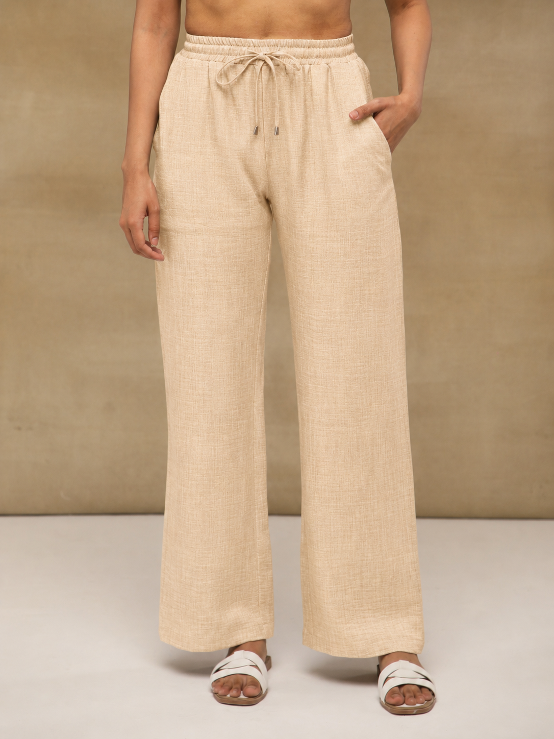 Beige Drawstring Melange Linen Pants