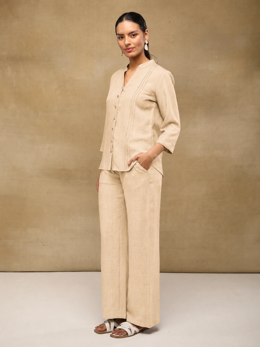 Beige Drawstring Melange Linen Pants