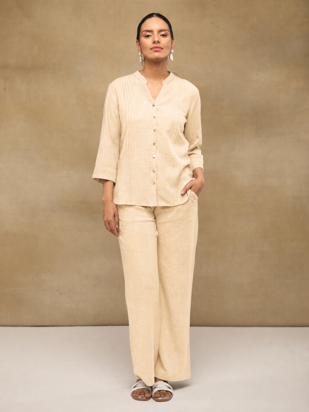 Beige Drawstring Melange Linen Pants