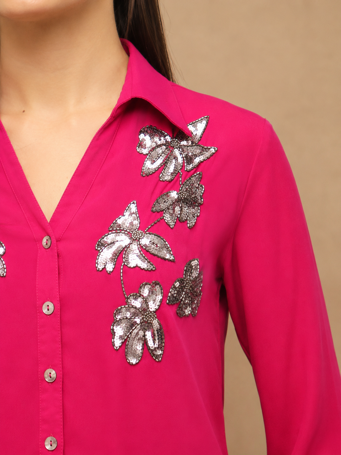 Butterfly Sequin Fuchsia Shirt