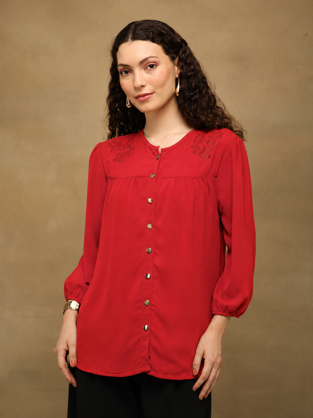 Crystal Round Neck Red Top