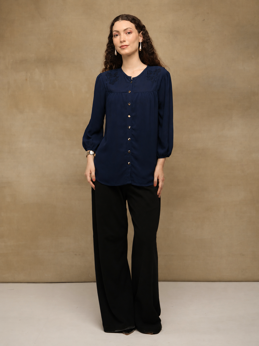 Crystal Round Neck Navy Top
