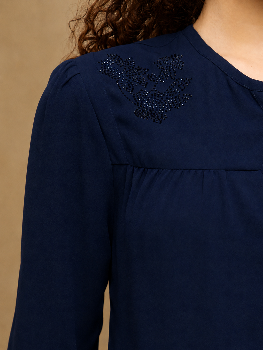 Crystal Round Neck Navy Top