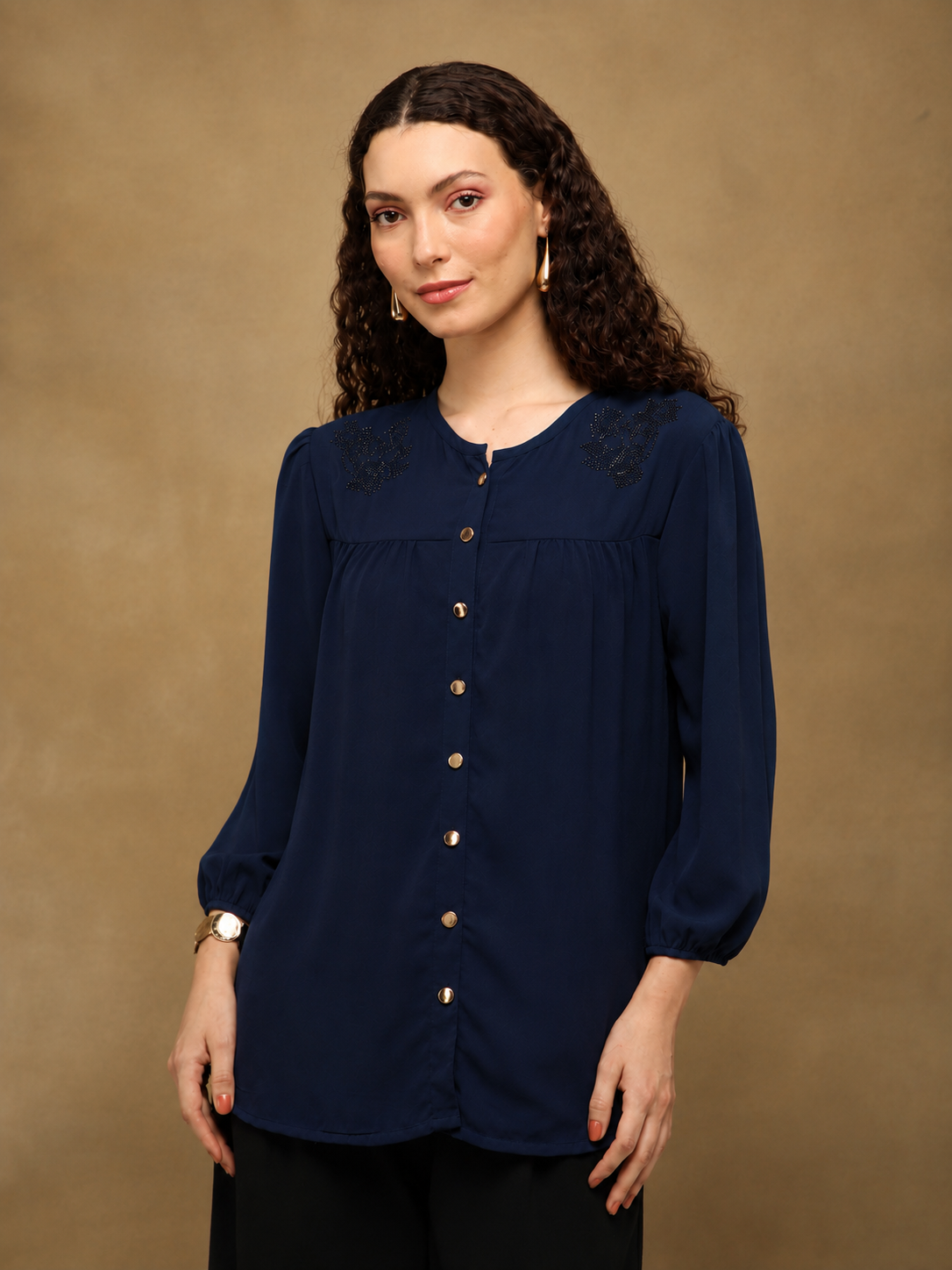 Crystal Round Neck Navy Top