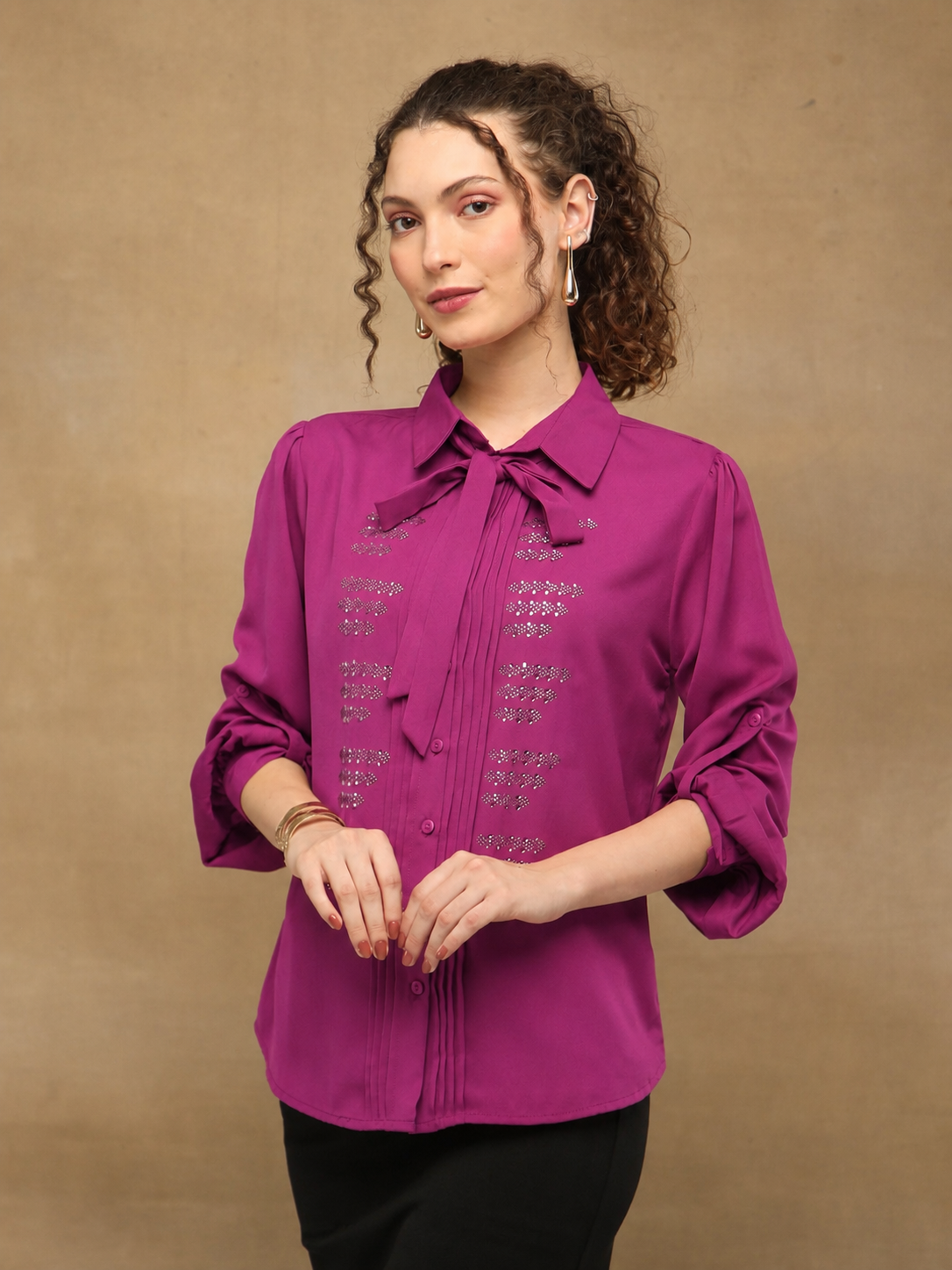 Magenta Linear Crystal Tie-up Shirt