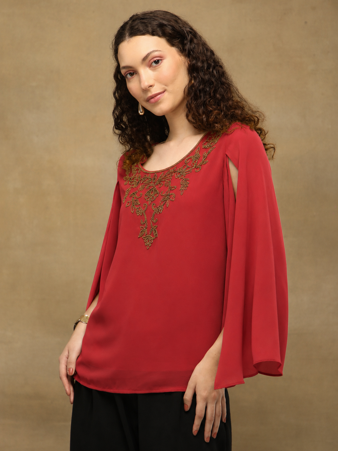 Red Drape Embroidered Top