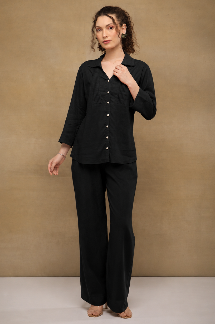 Black Linen Yoke Pintuck Shirt