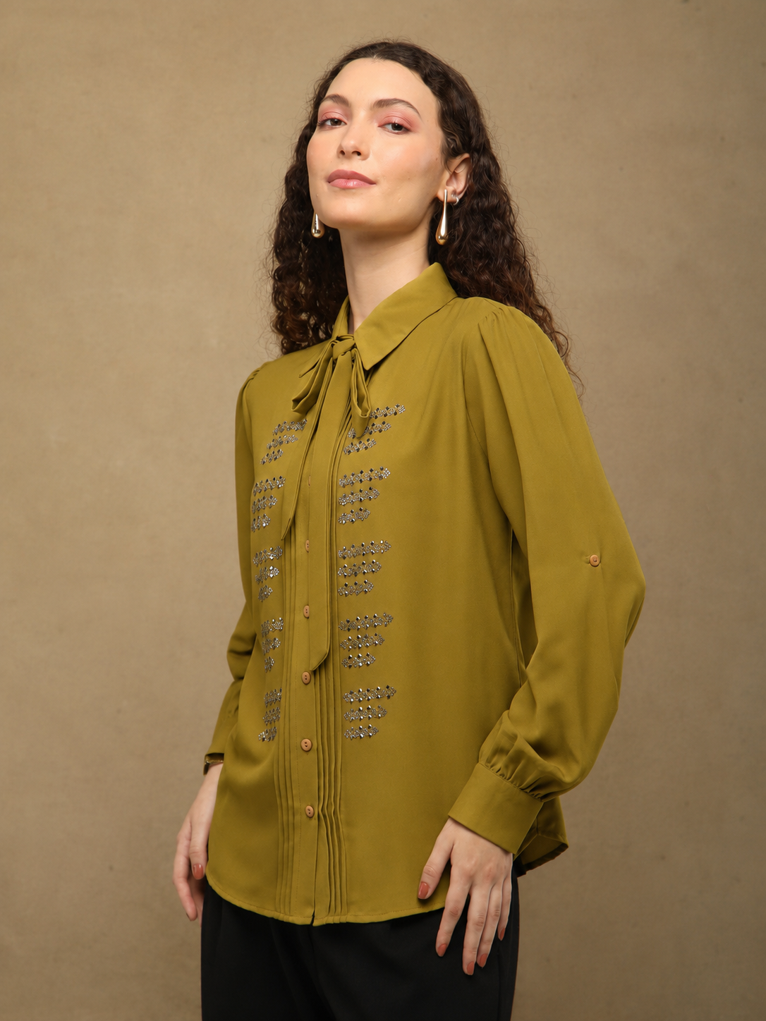 Warm taupe Linear Crystal Tie-up Shirt
