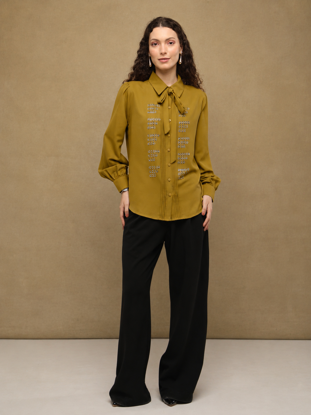 Warm taupe Linear Crystal Tie-up Shirt