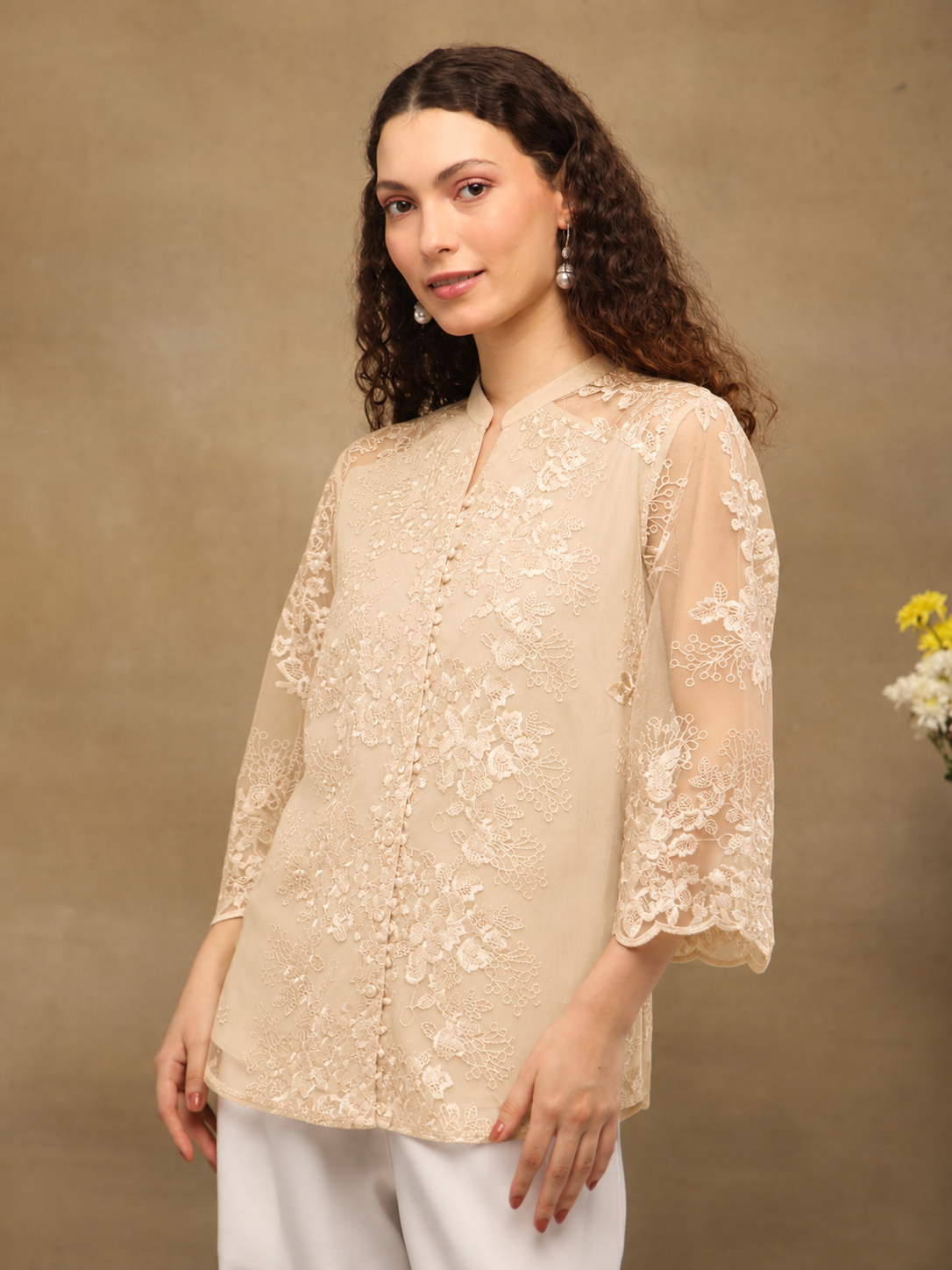 Beige Sheer Yoke Lace Shirt (Copy)