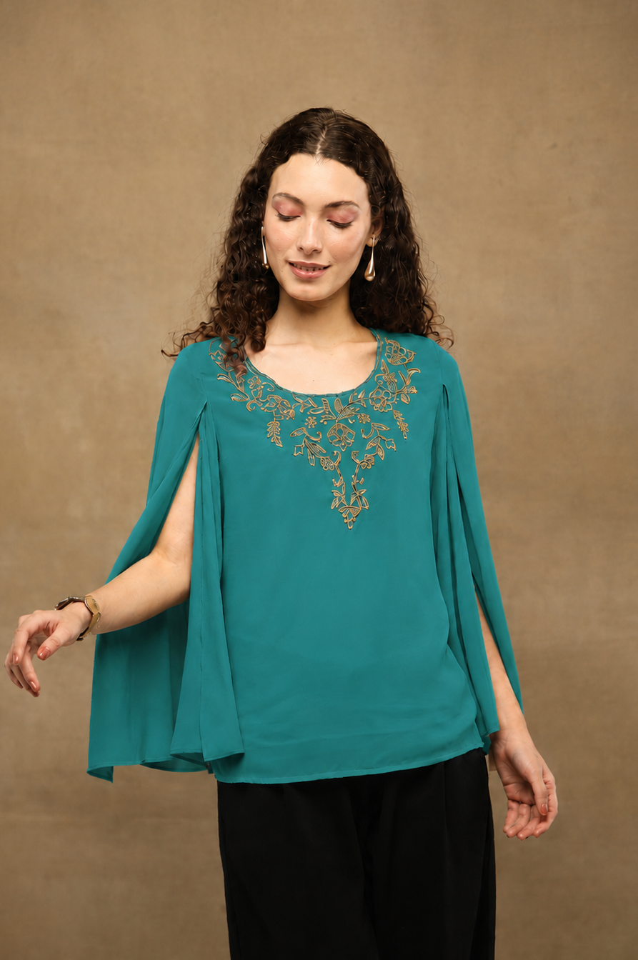 Green Drape Embroidered Top