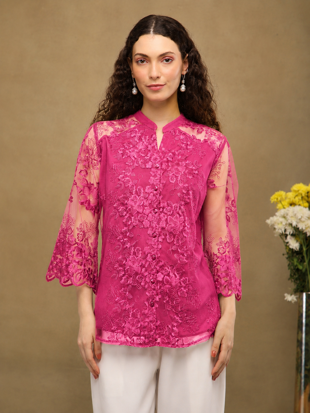 Magenta Sheer Yoke Lace Shirt (Copy)