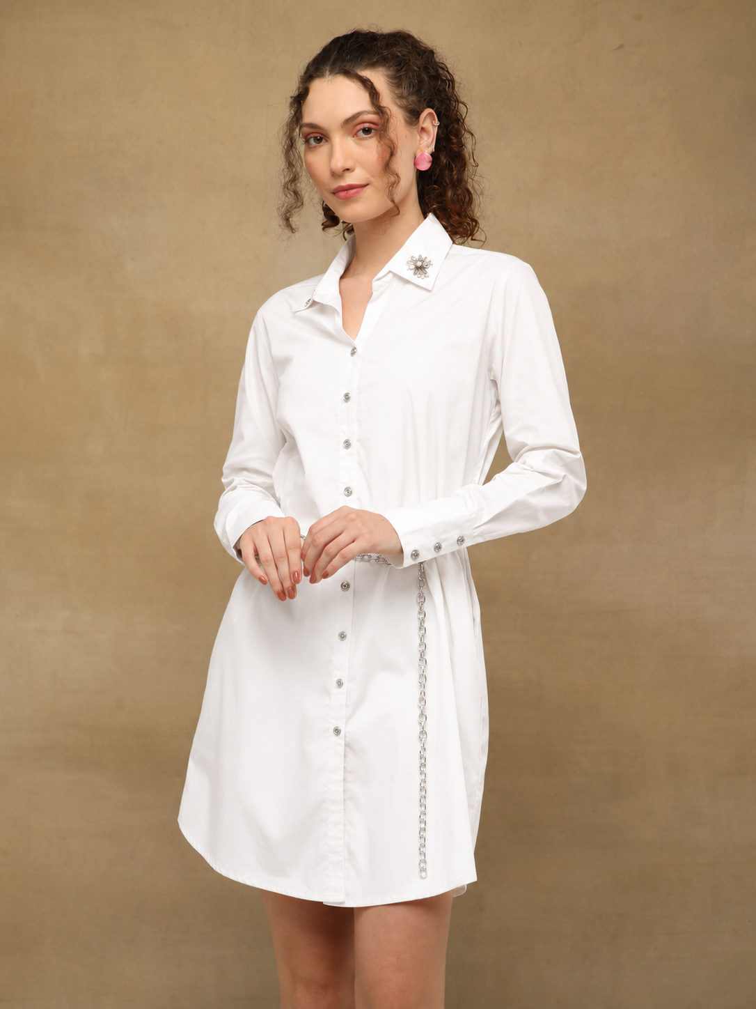 Rhinestone Collar White  Shirt Dress (Copy)