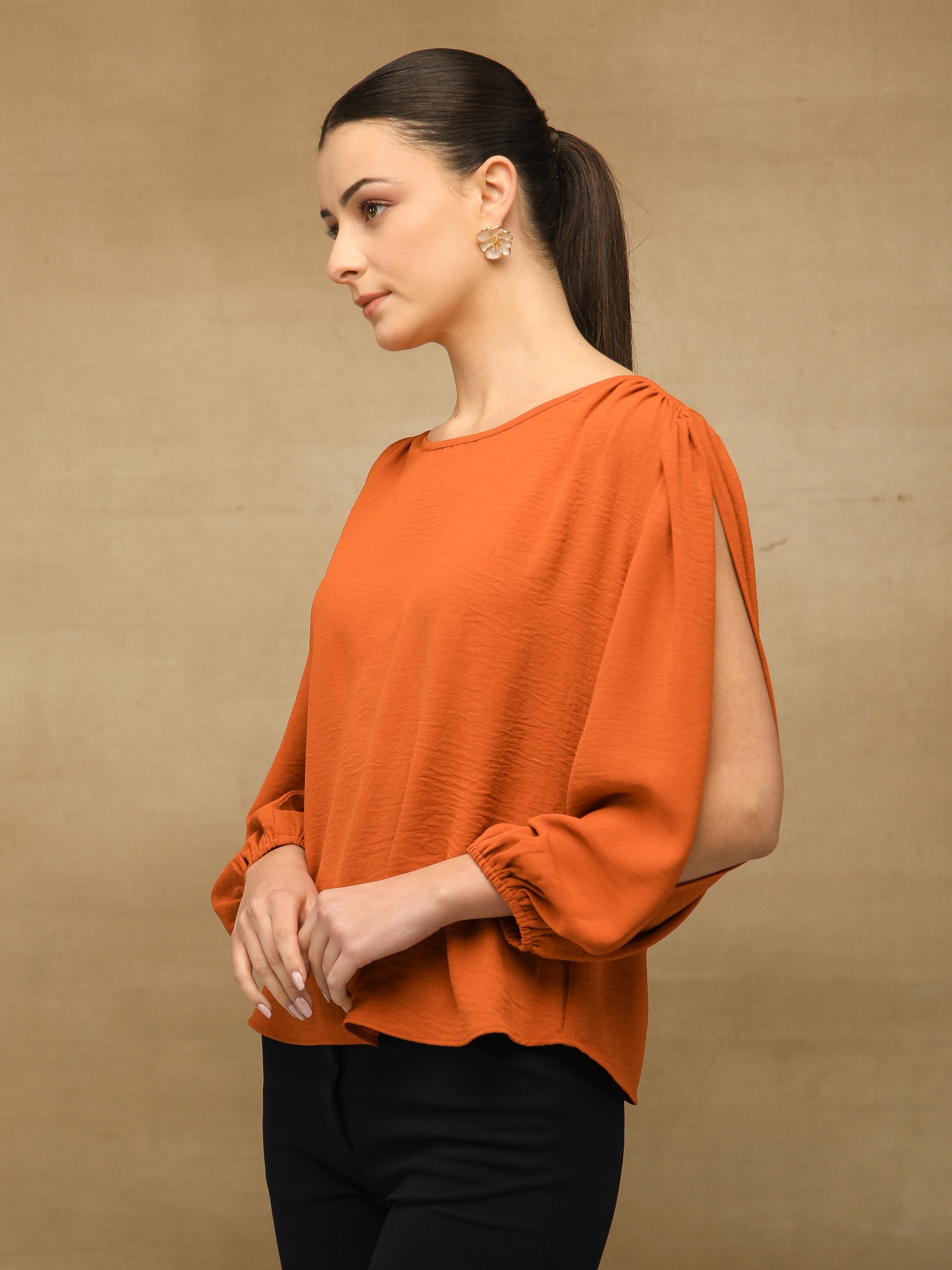 Rust Slit Sleeve Top