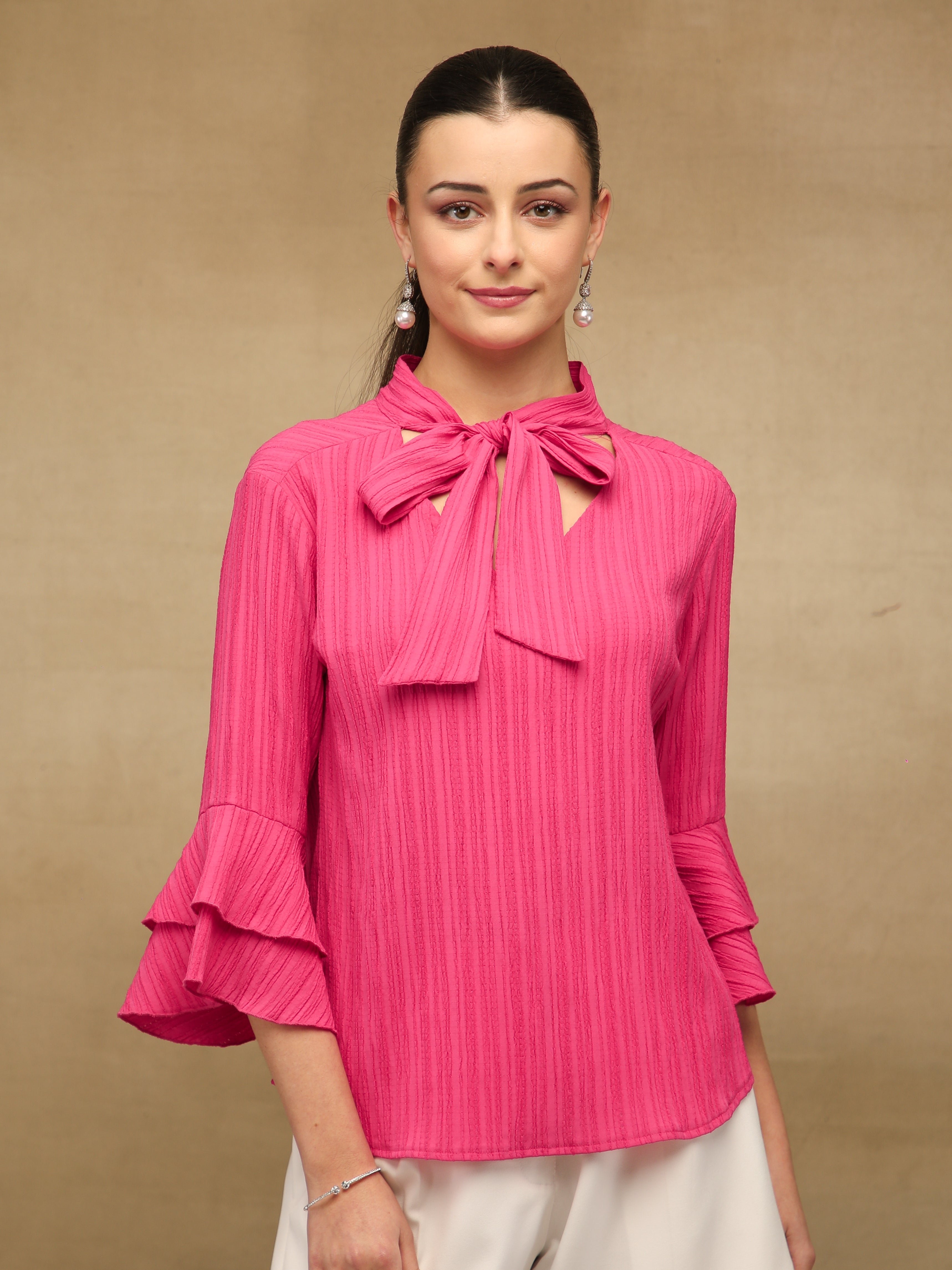 Pleated Bell Sleeve Magenta Top