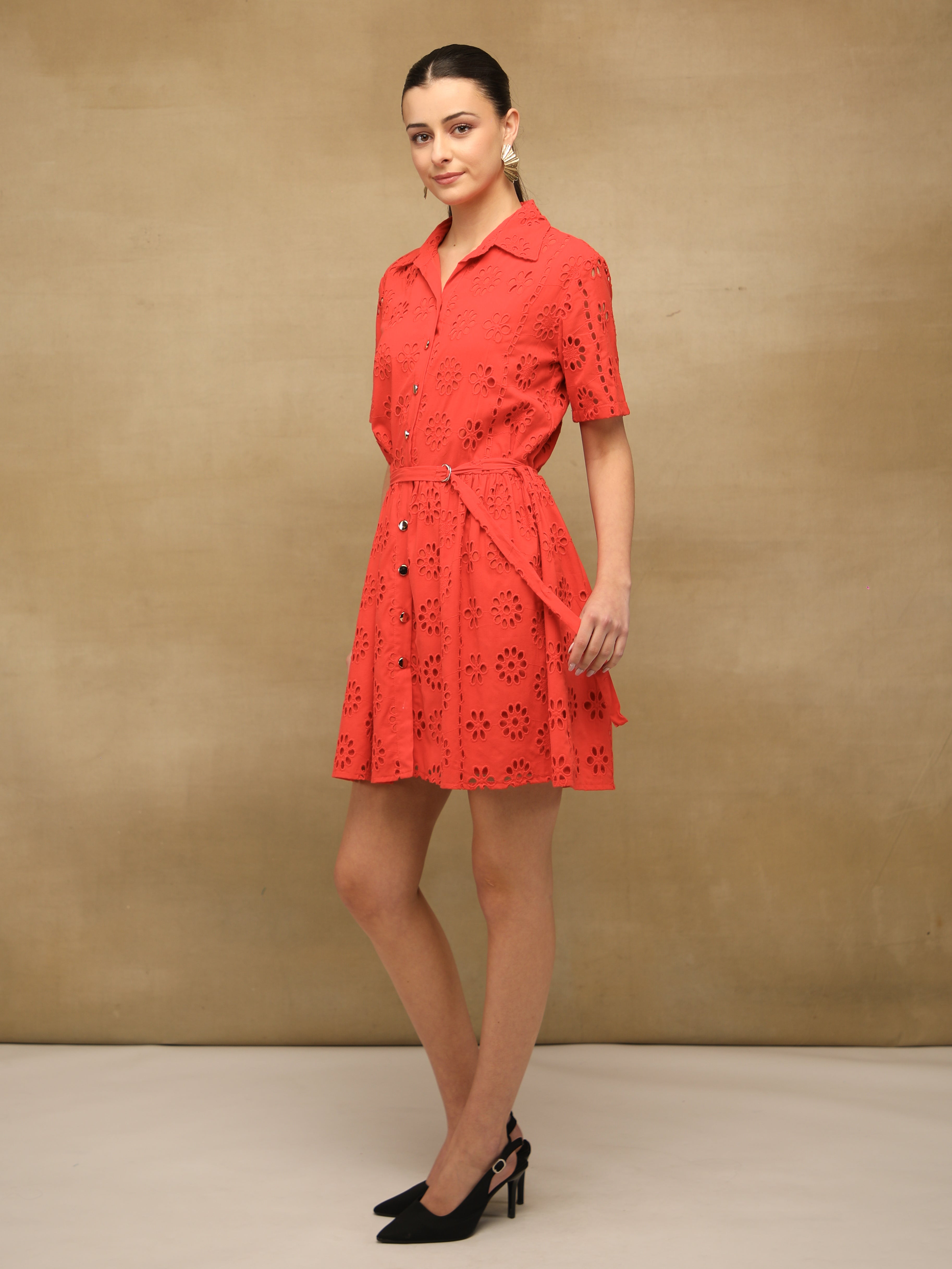 Flame Red Schiffli Flare Short Dress