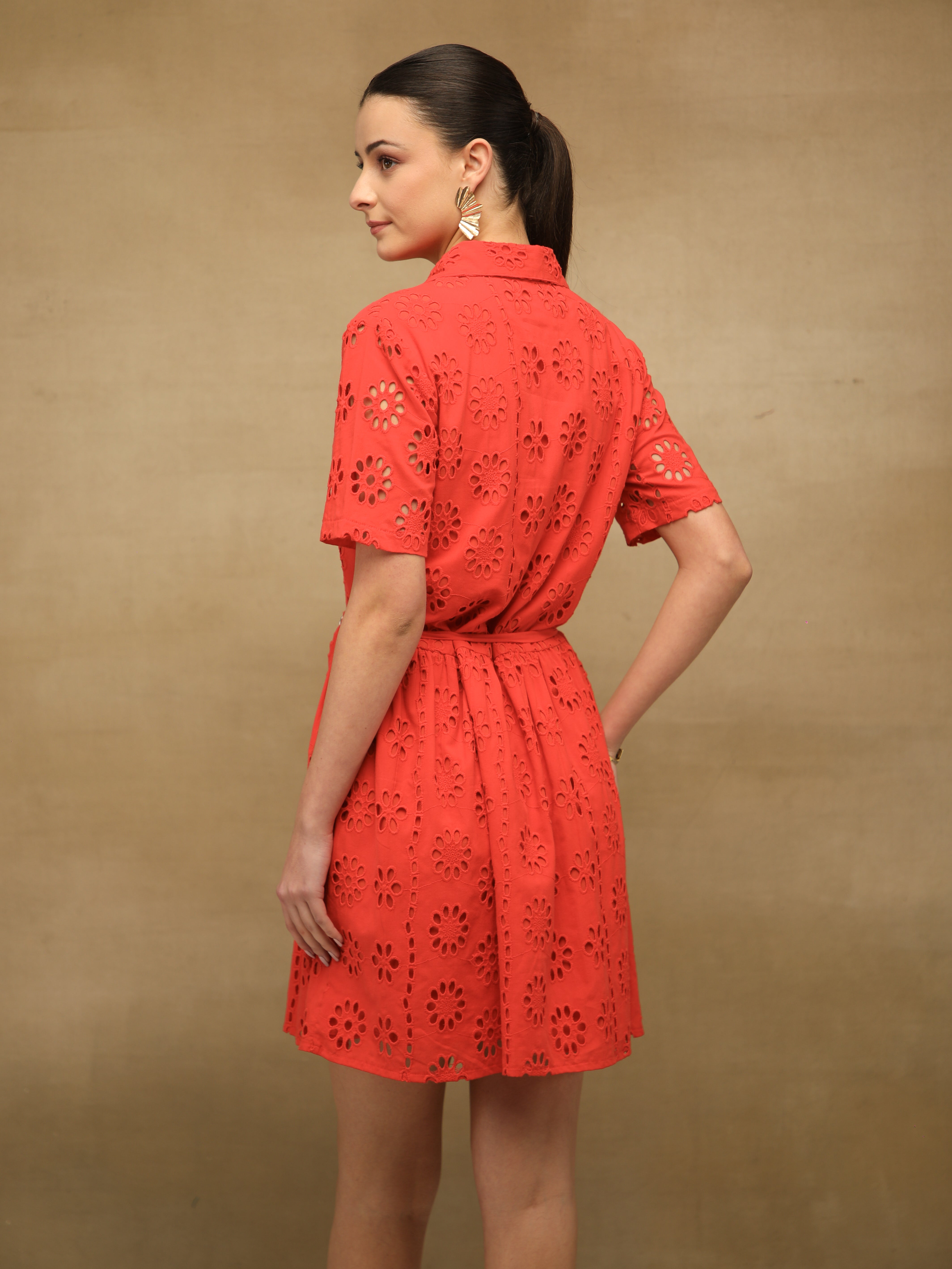 Flame Red Schiffli Flare Short Dress