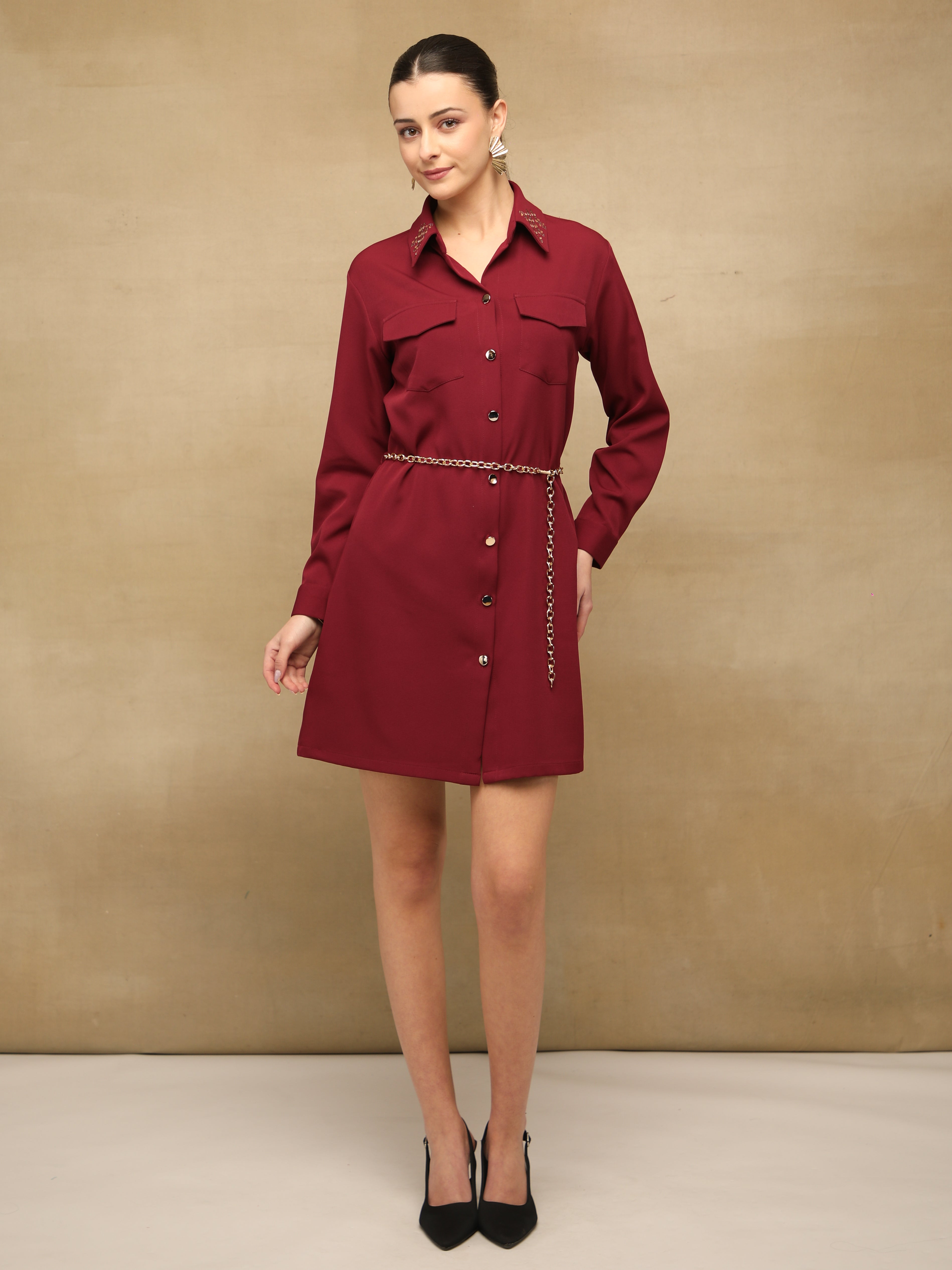 Sequins Collar Maroon Shirt Dress