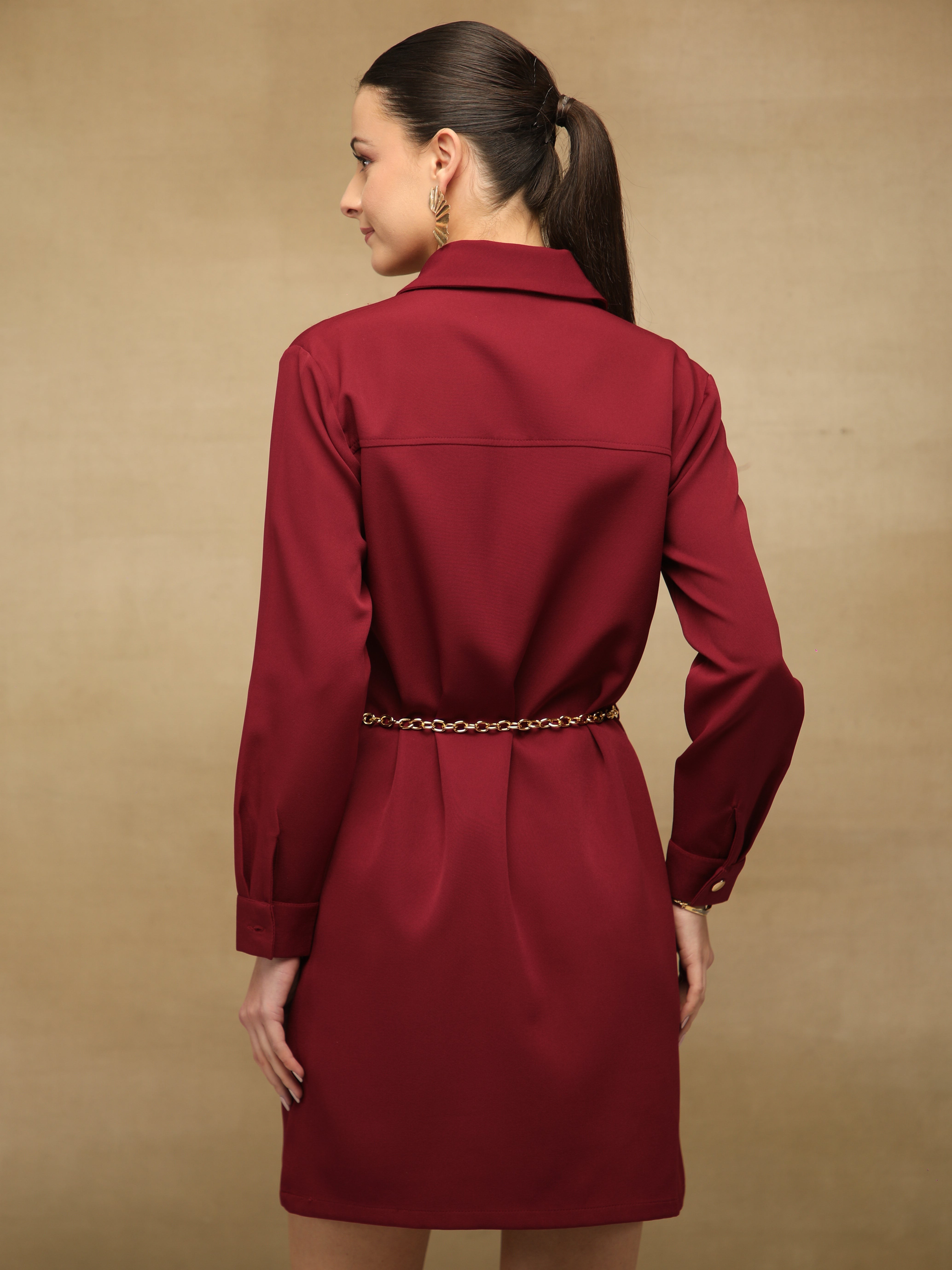 Crystal Collar Maroon Shirt Dress