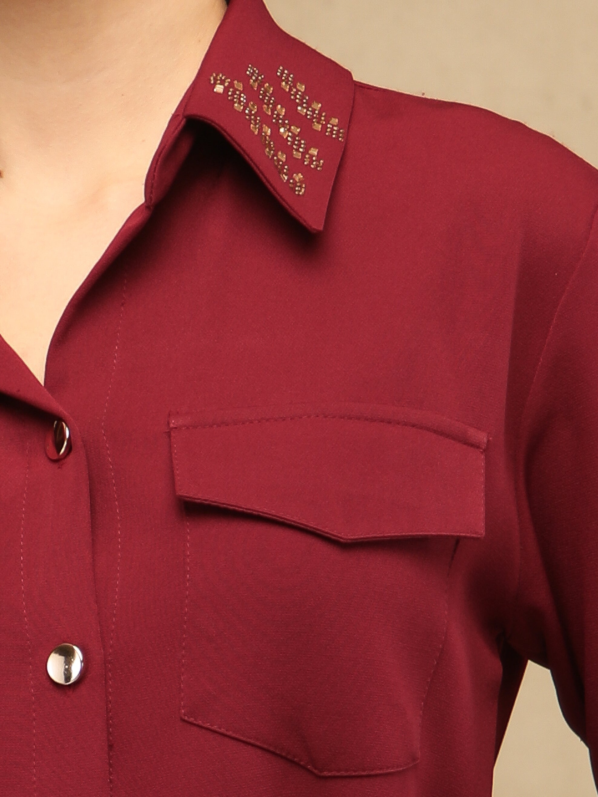 Sequins Collar Maroon Shirt Dress