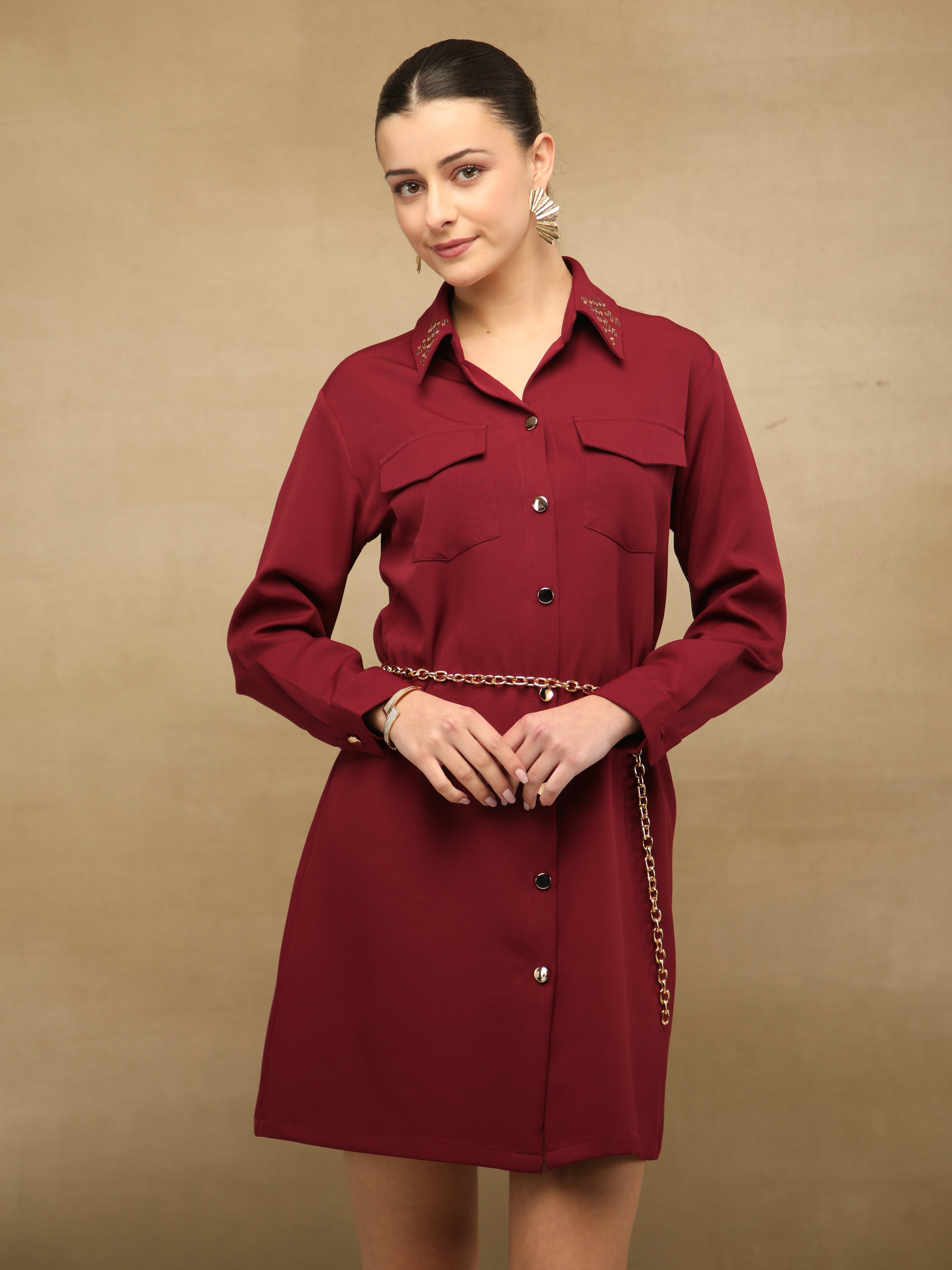 Sequins Collar Maroon Shirt Dress