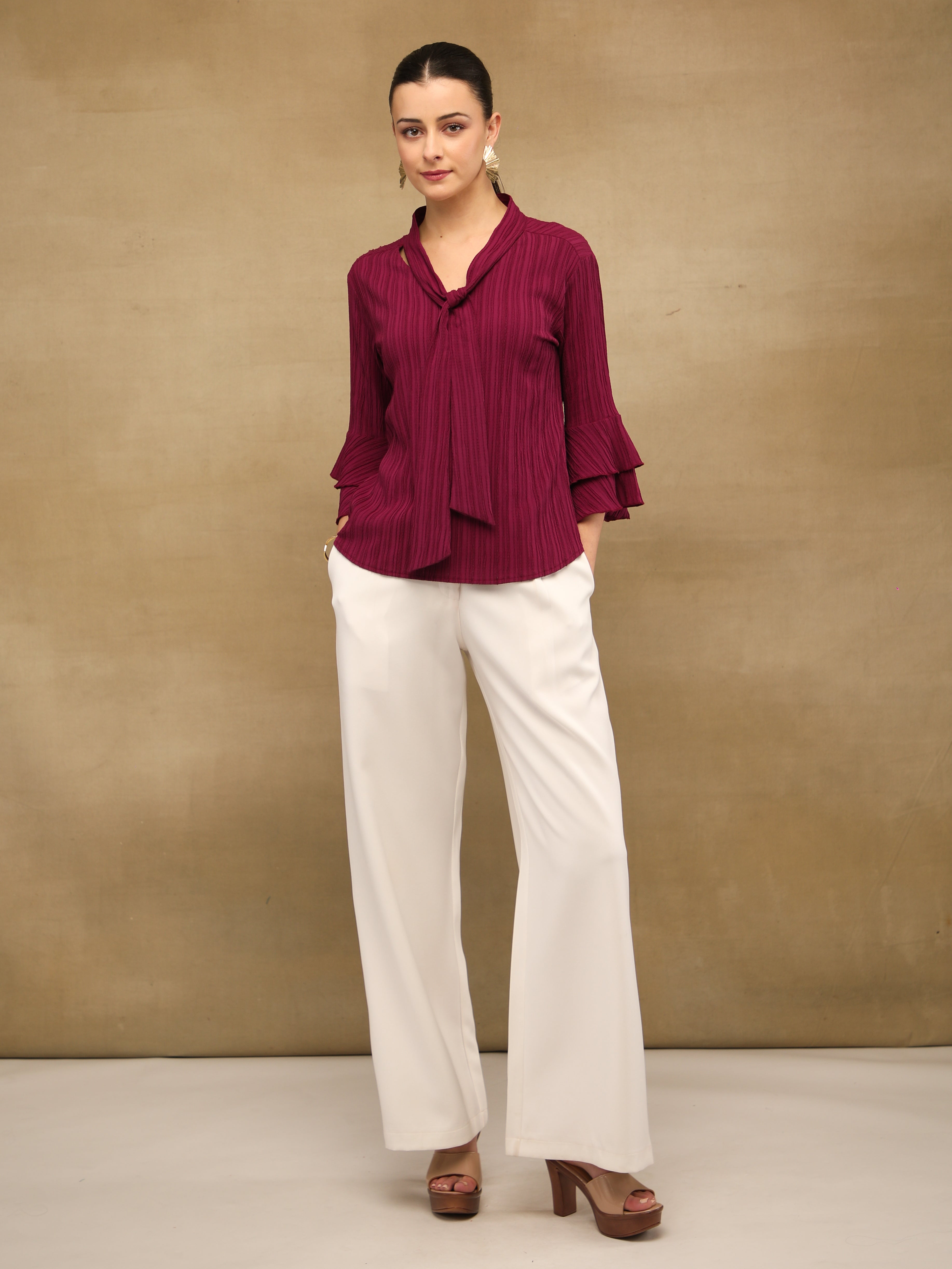 Pleated Bell Sleeve Maroon Top