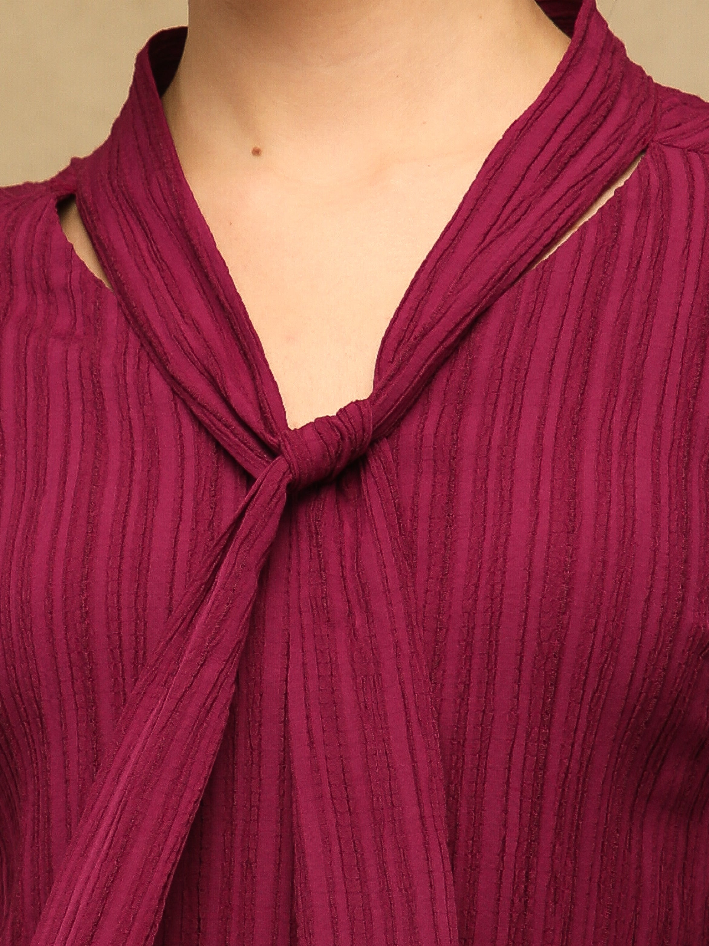 Pleated Bell Sleeve Maroon Top