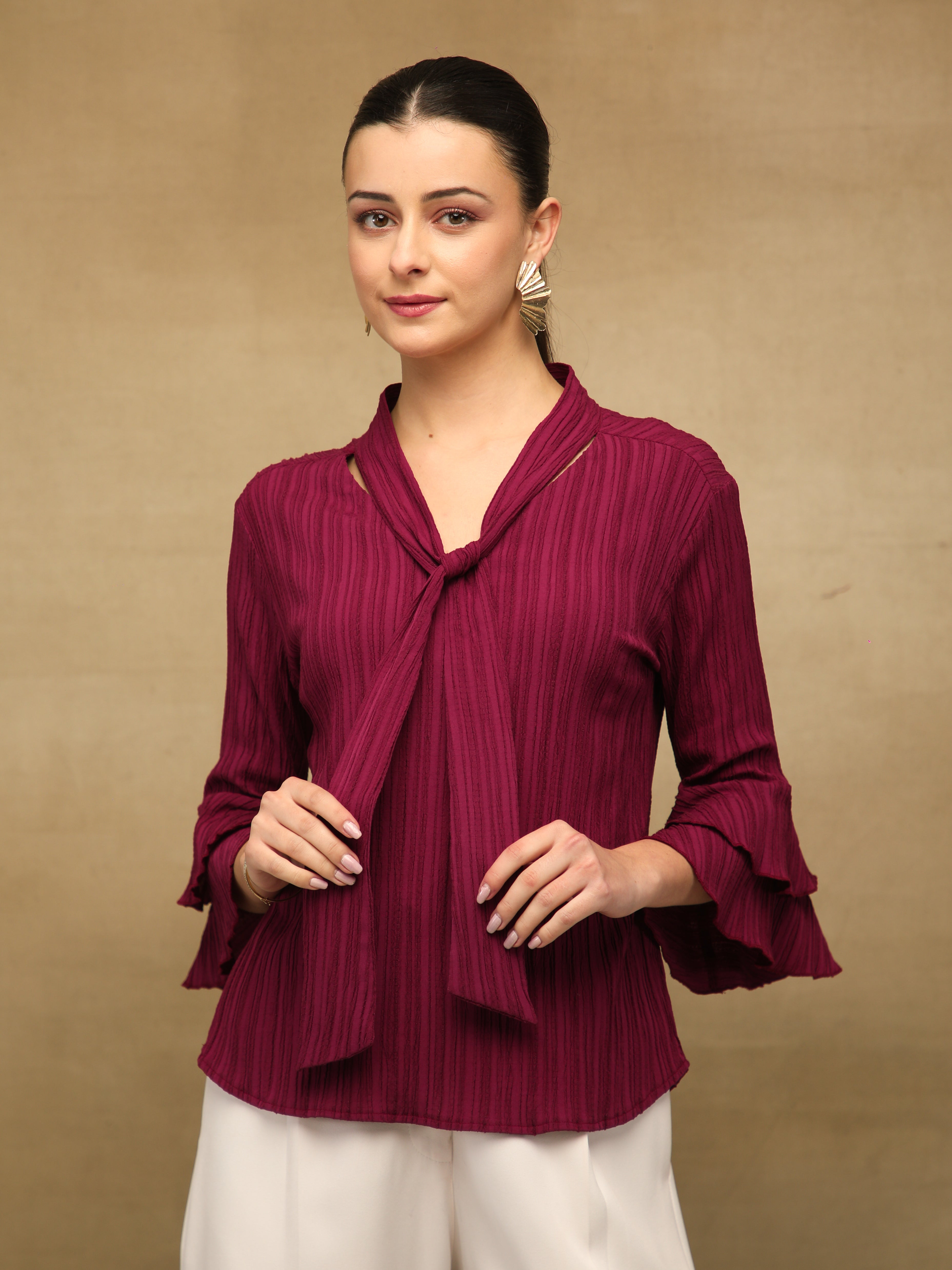 Pleated Bell Sleeve Maroon Top