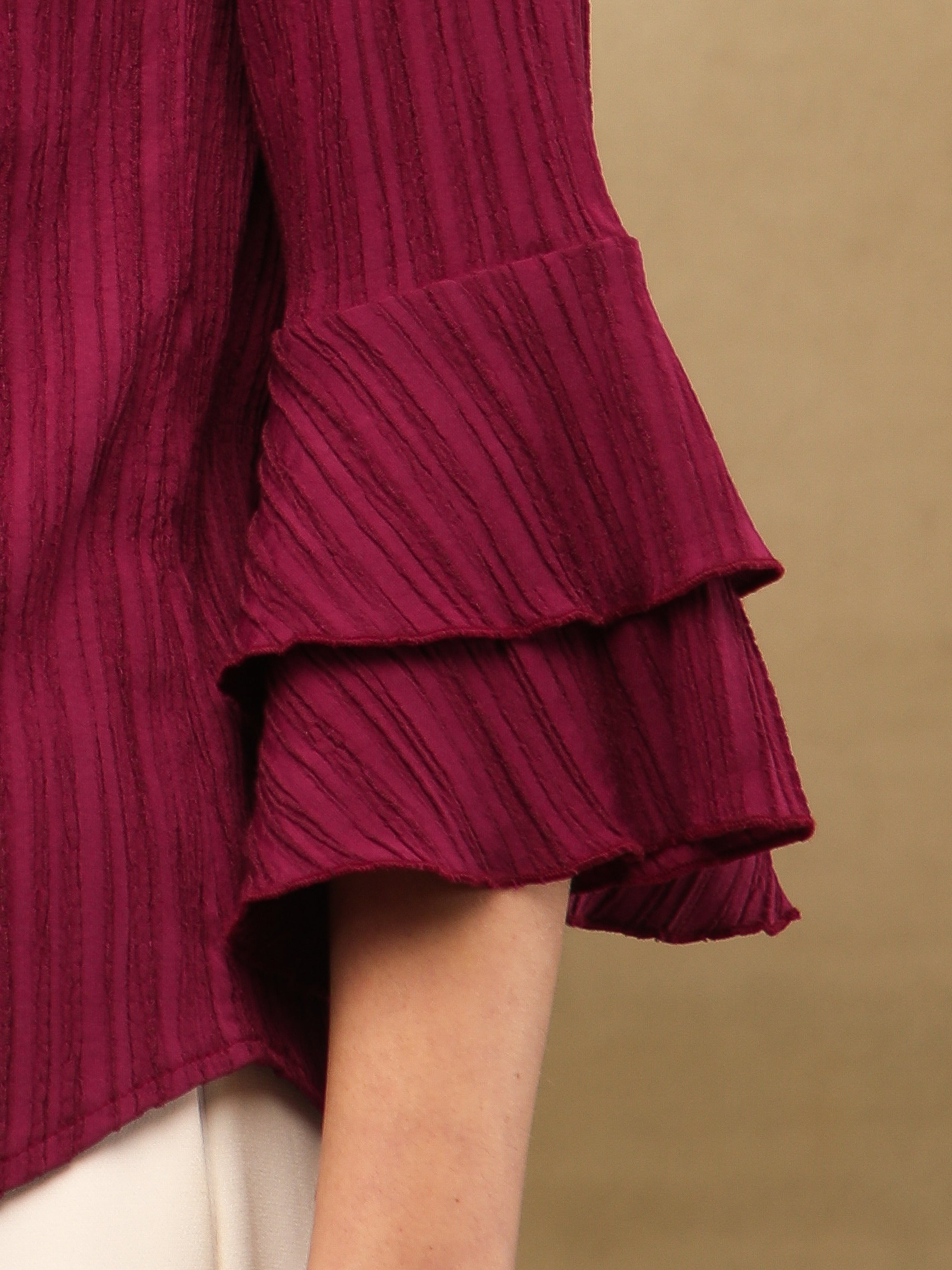 Pleated Bell Sleeve Maroon Top