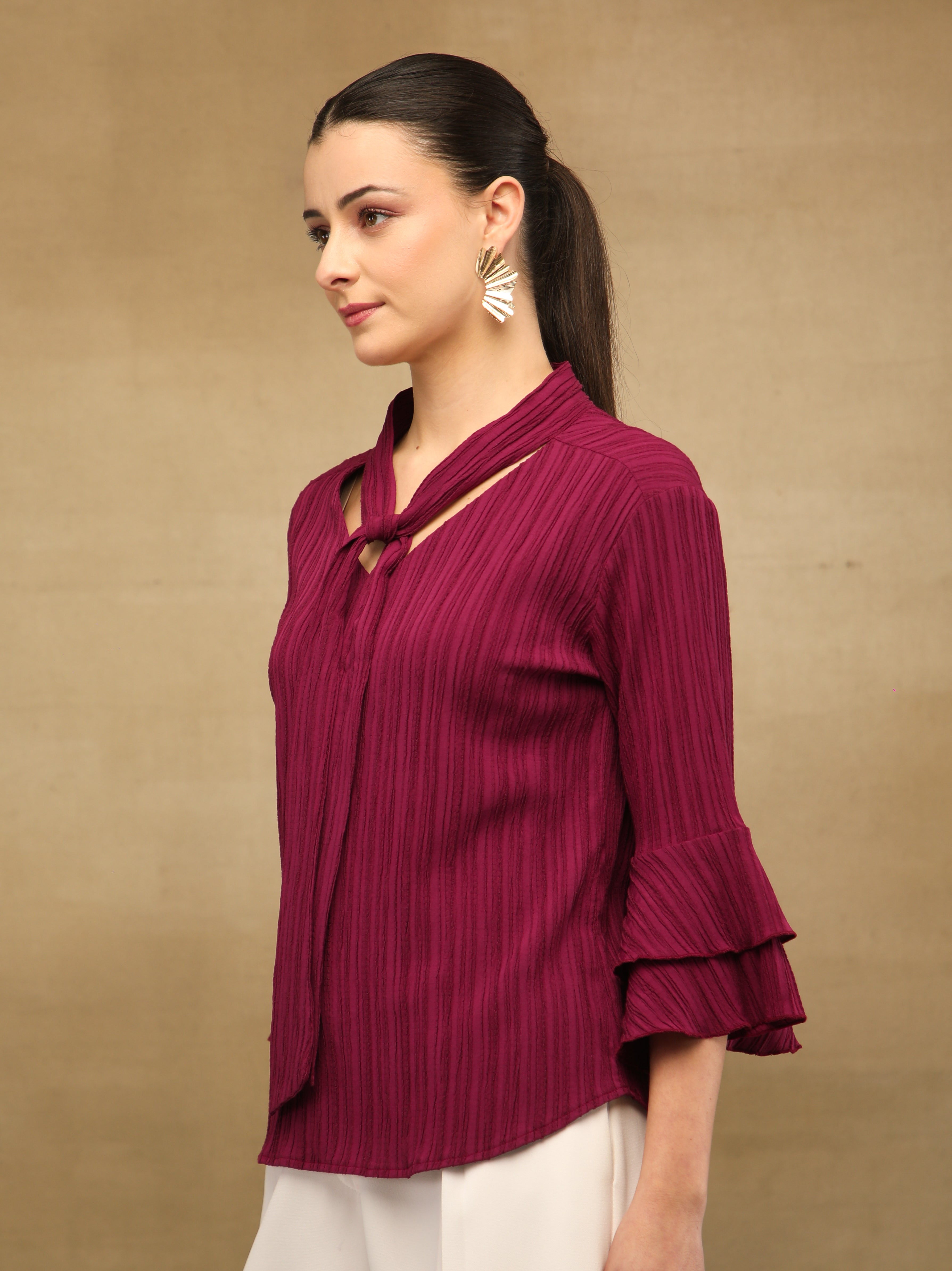 Pleated Bell Sleeve Maroon Top