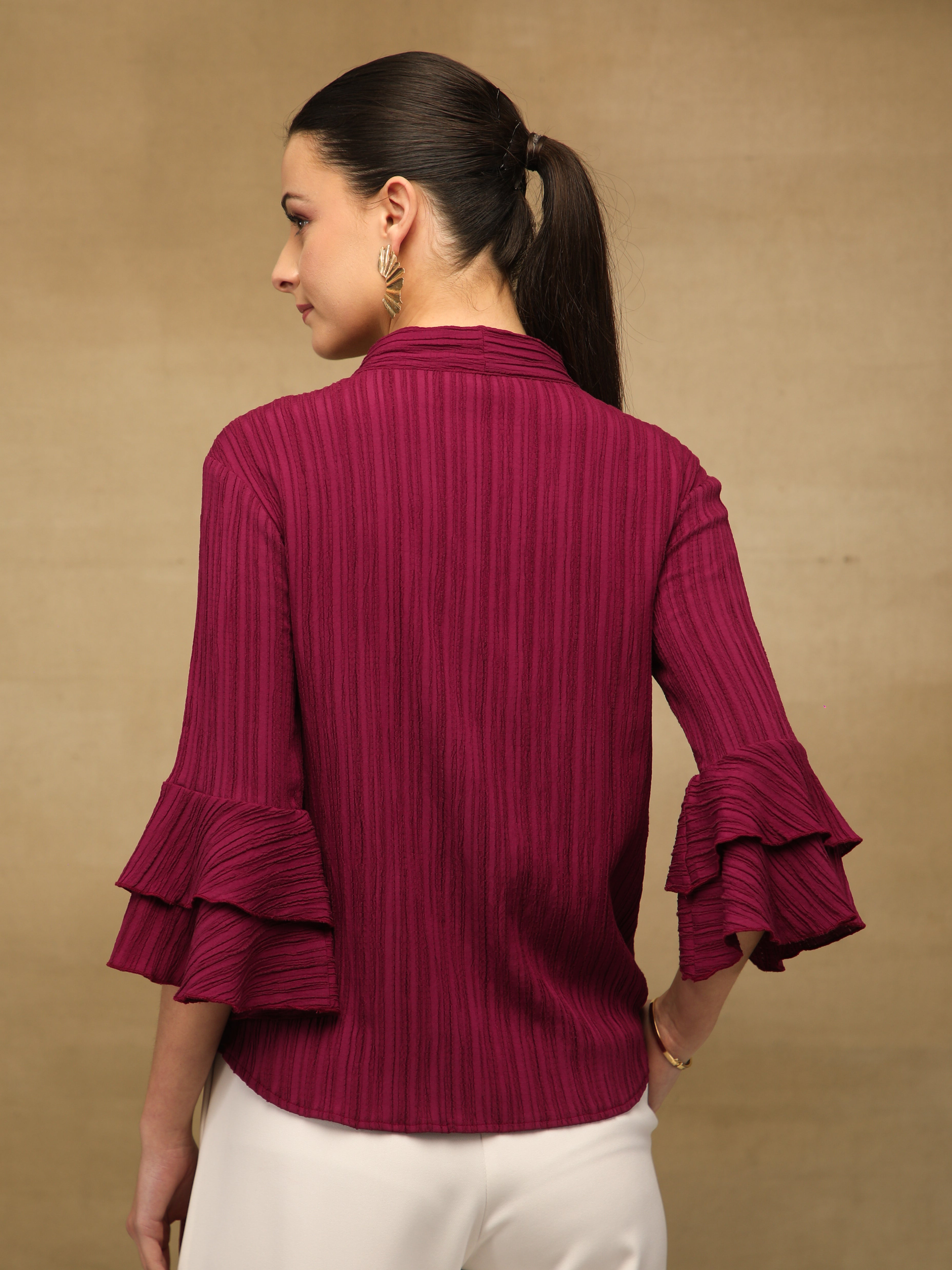 Pleated Bell Sleeve Maroon Top