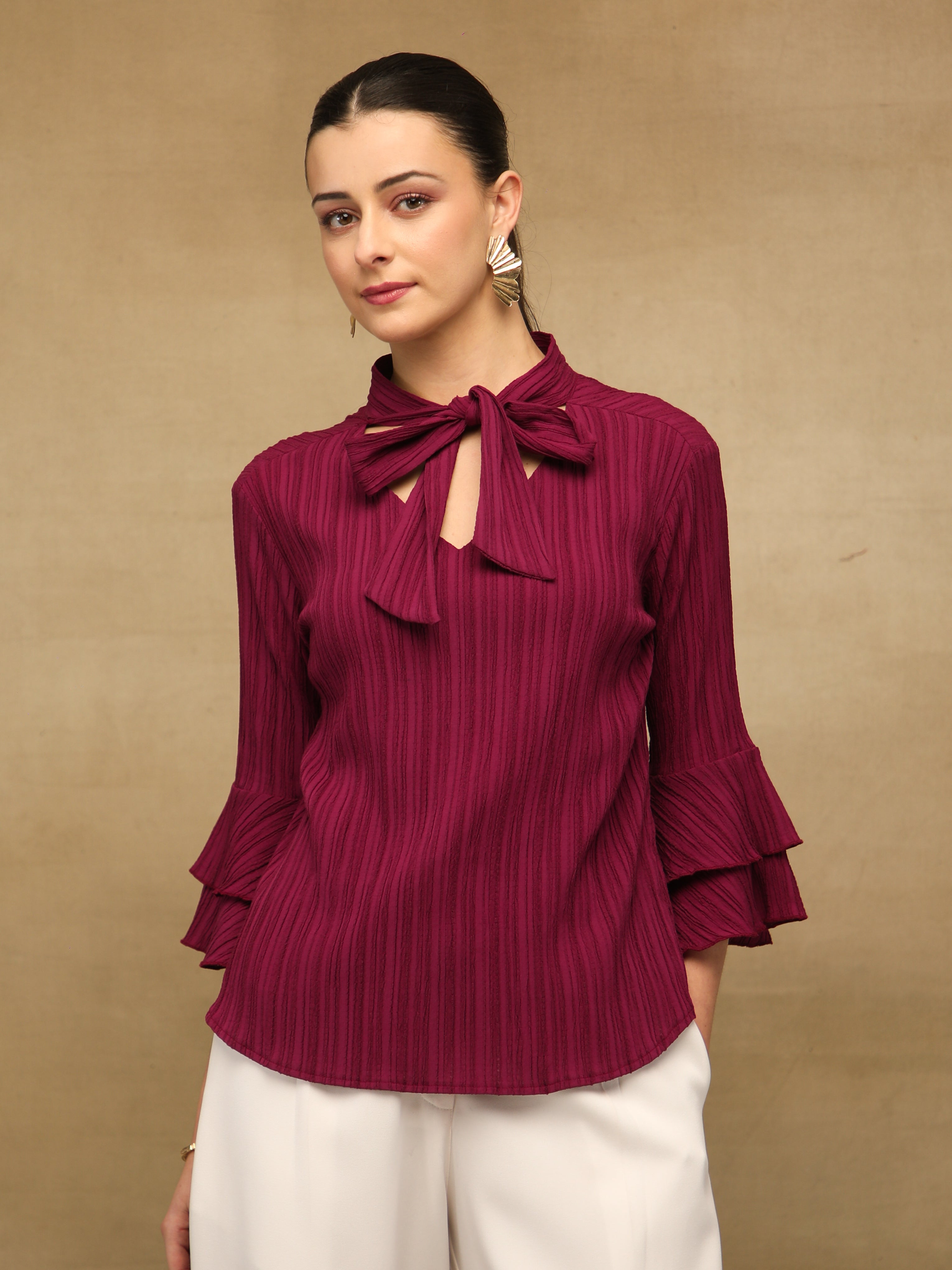 Pleated Bell Sleeve Maroon Top