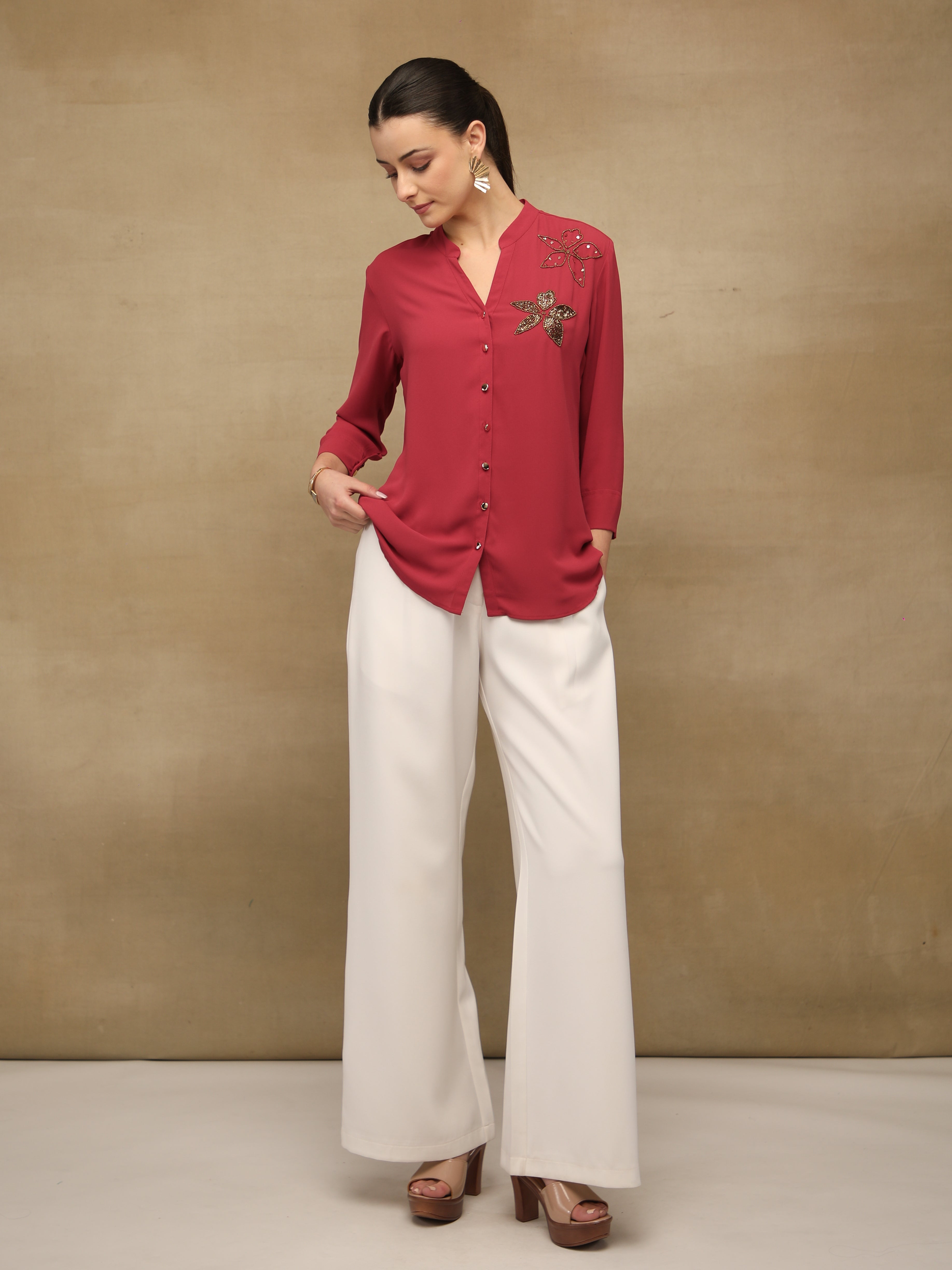 Dual Floral Sequins Red Shirt