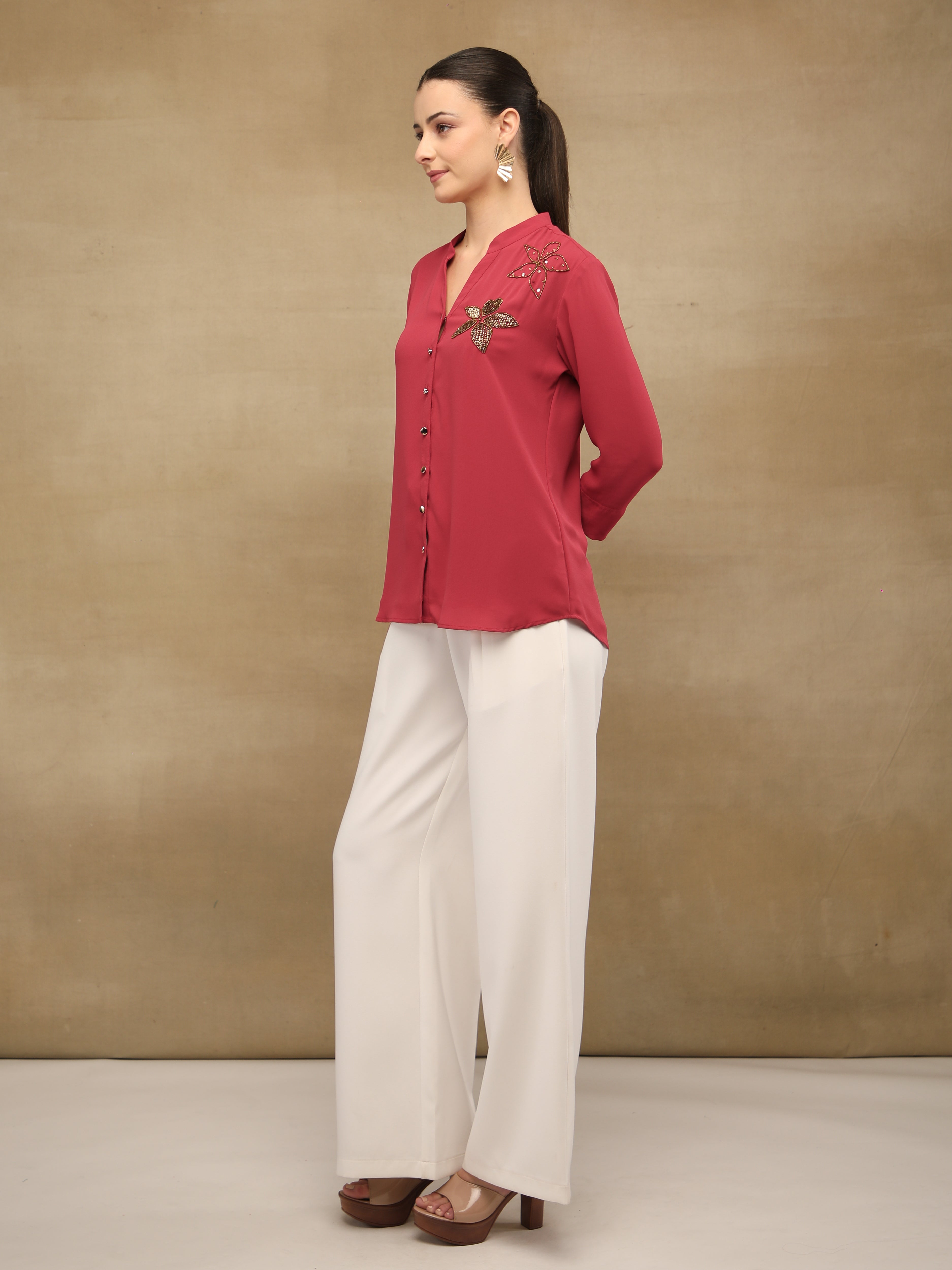 Dual Floral Sequins Red Shirt