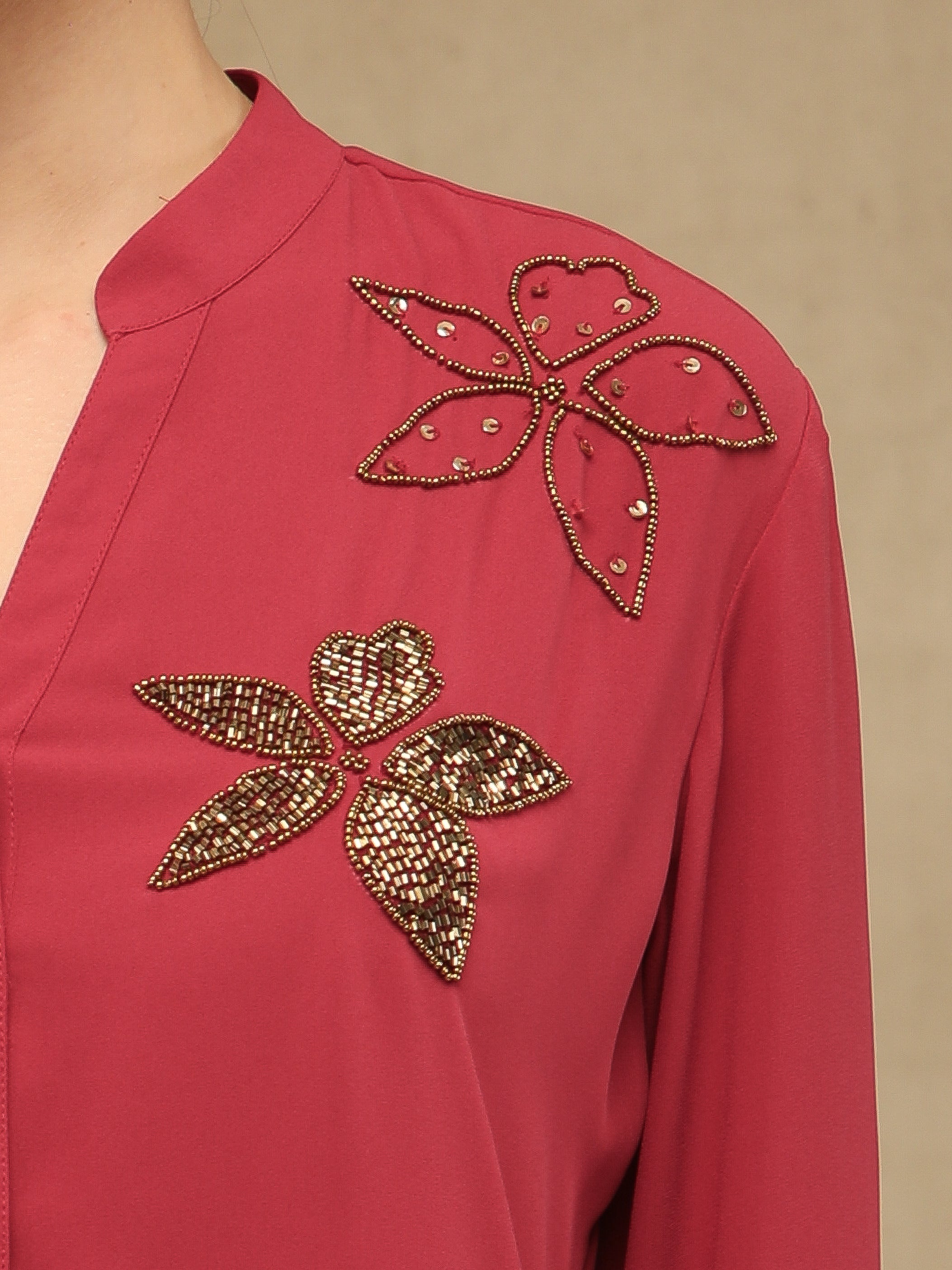 Dual Floral Sequins Red Shirt