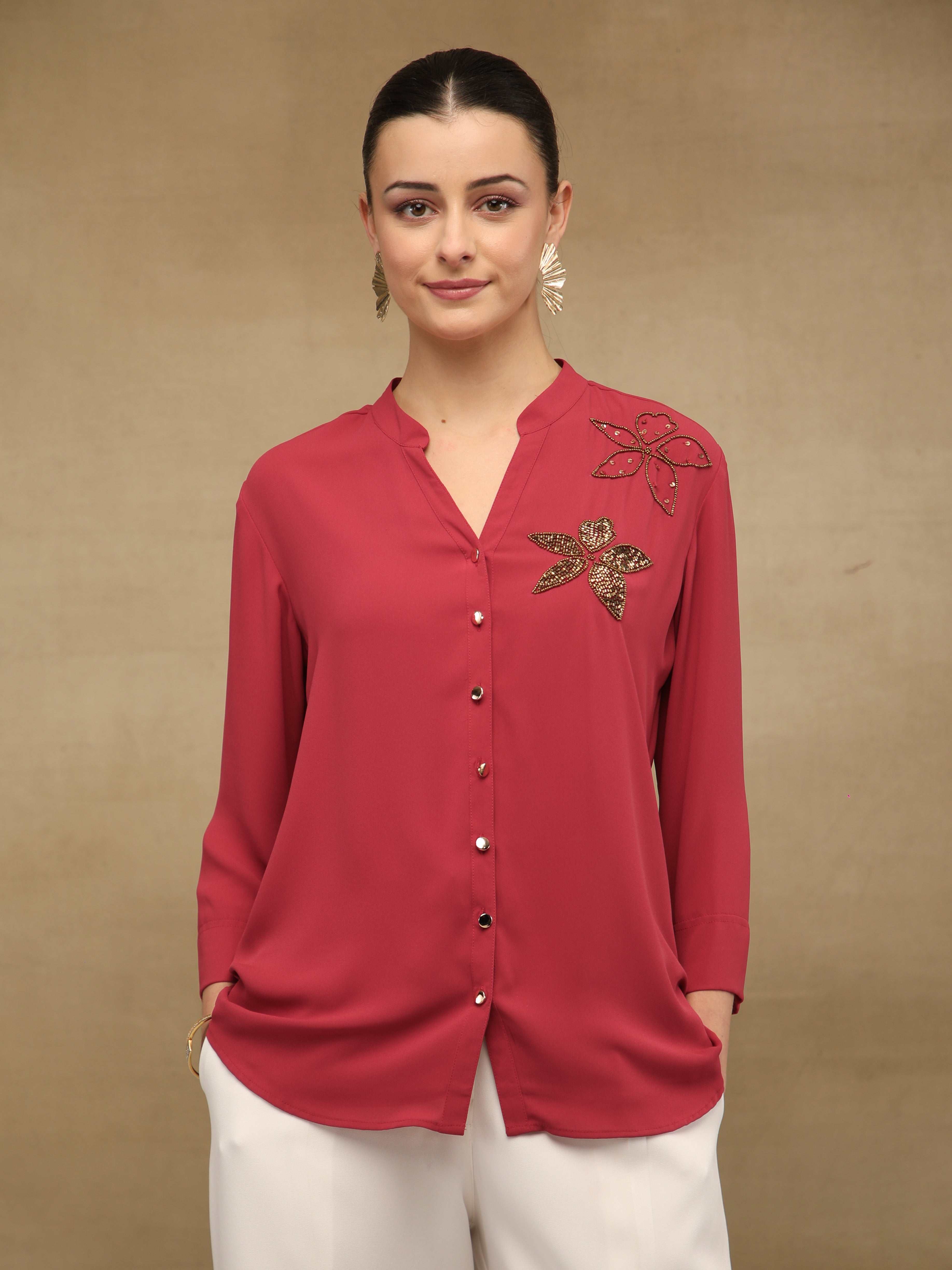 Dual Floral Sequins Red Shirt