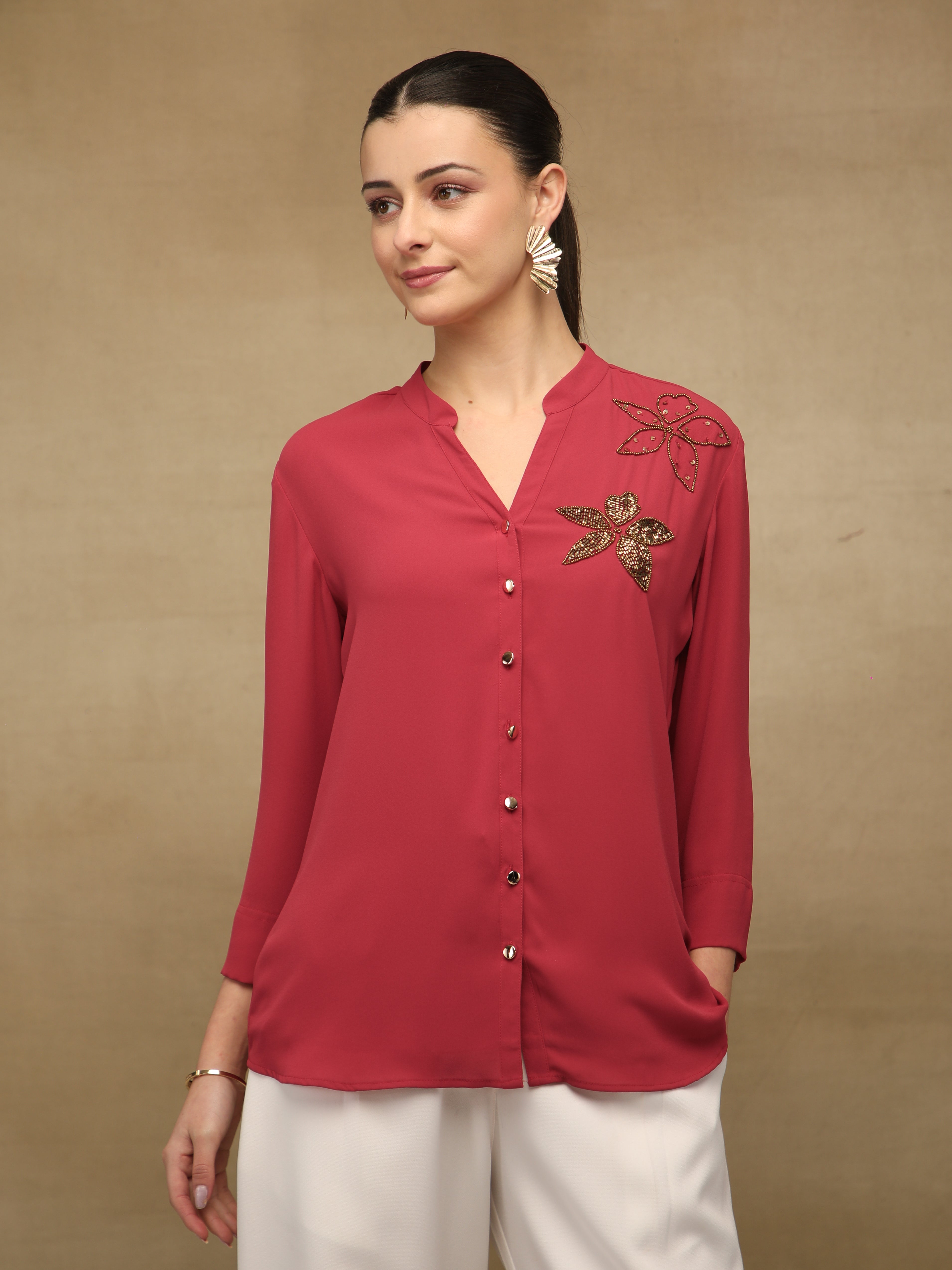 Dual Floral Sequins Red Shirt