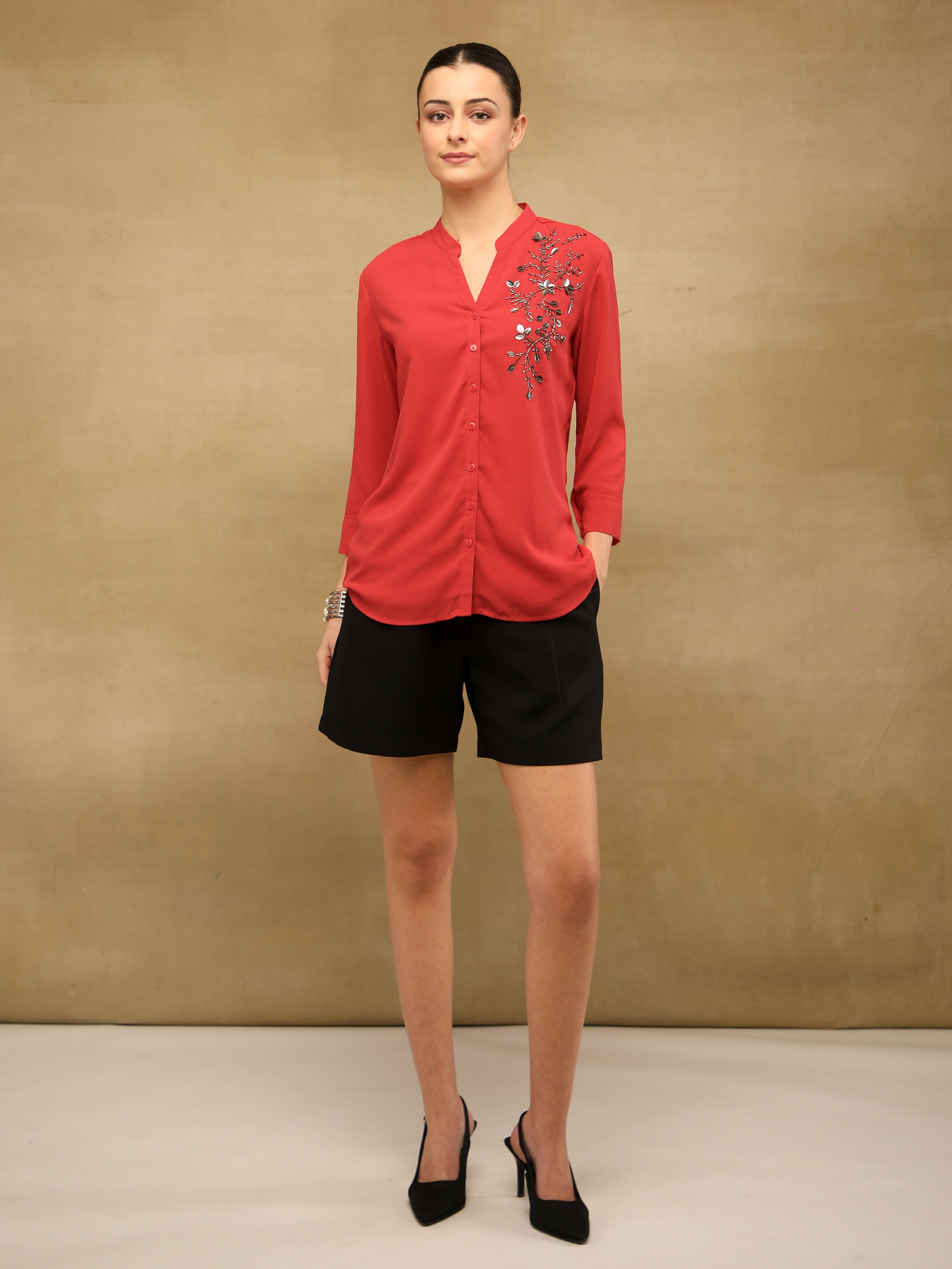 Fern Sequins Georgette Red Shirt