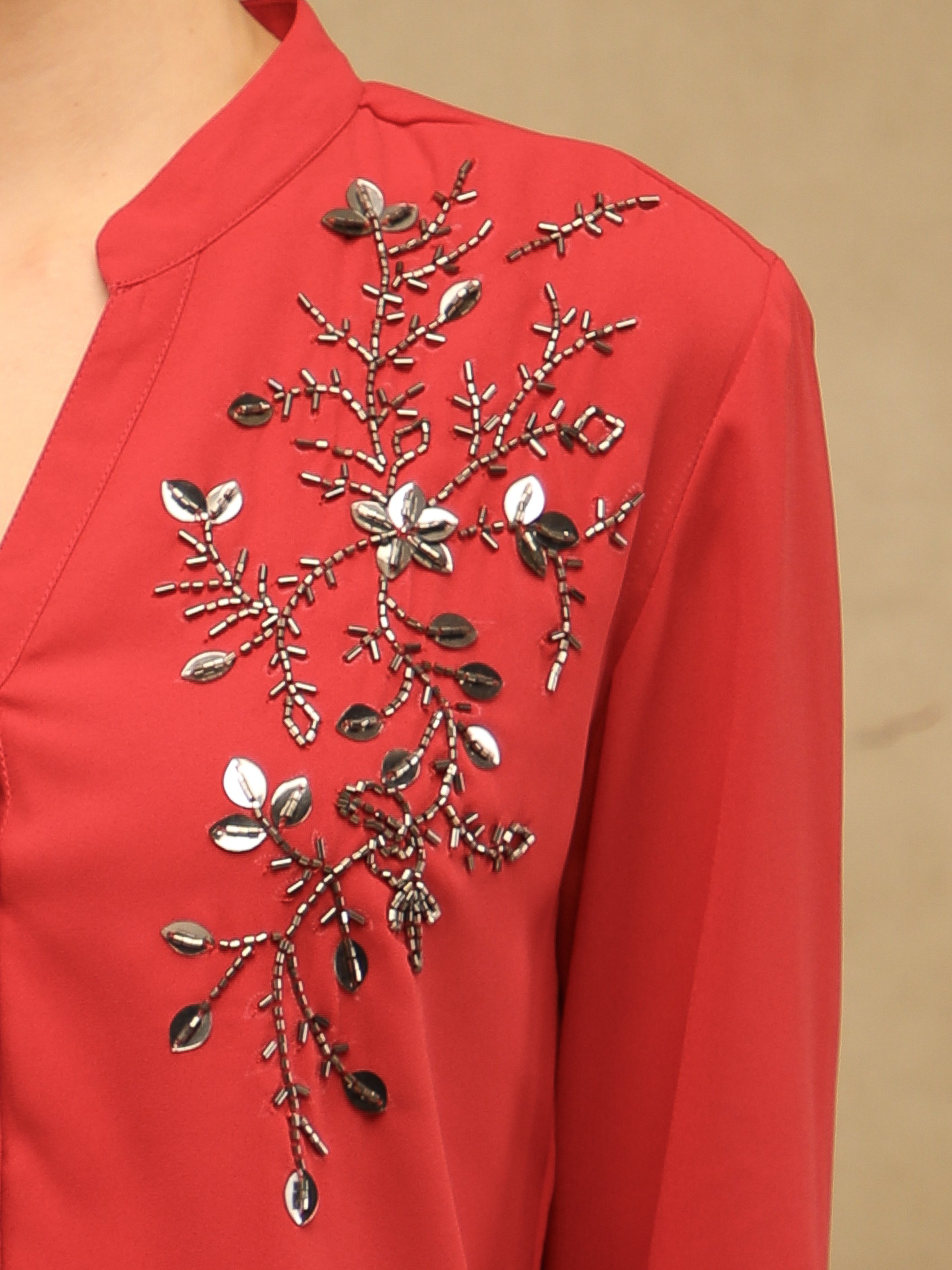 Fern Sequins Georgette Red Shirt