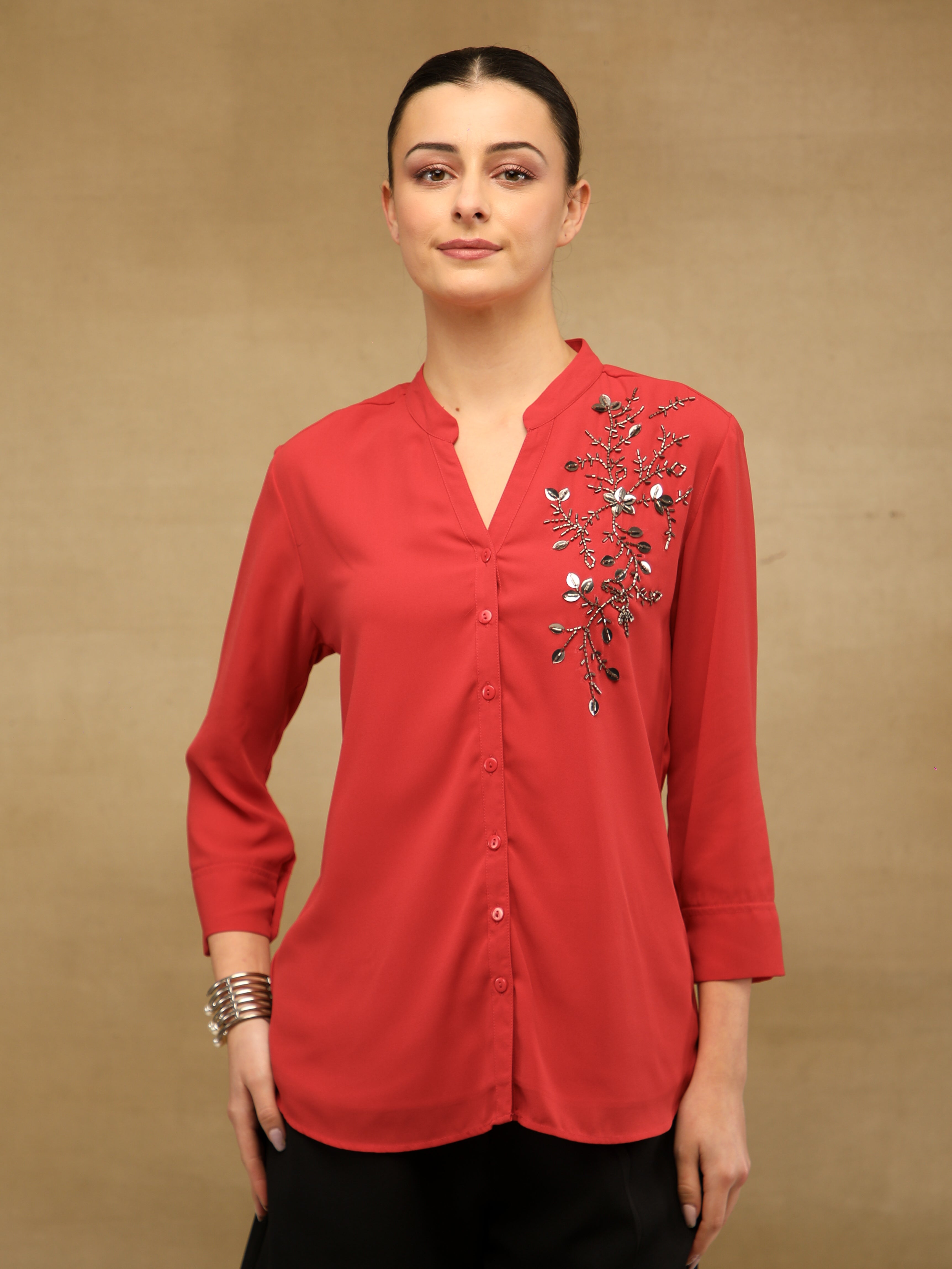 Fern Sequins Georgette Red Shirt