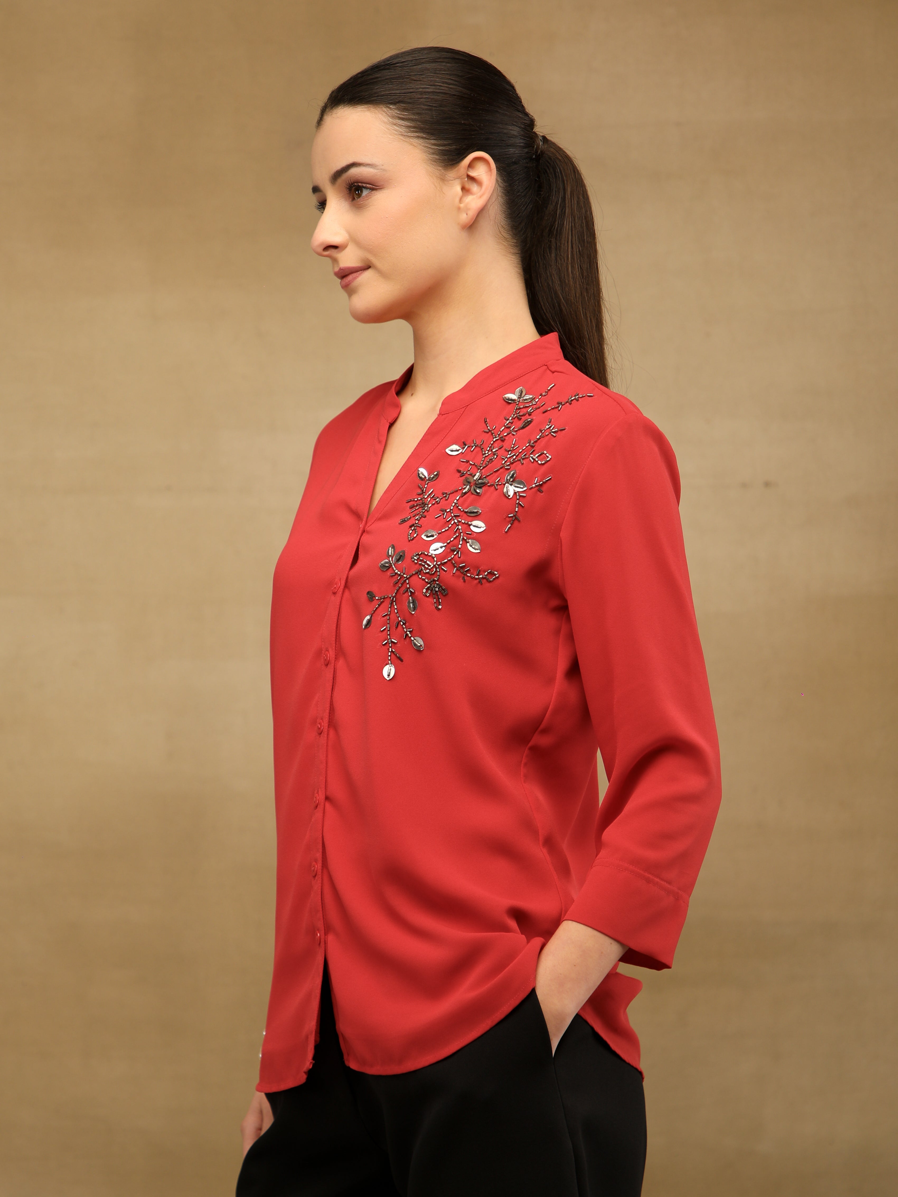 Fern Sequins Georgette Red Shirt